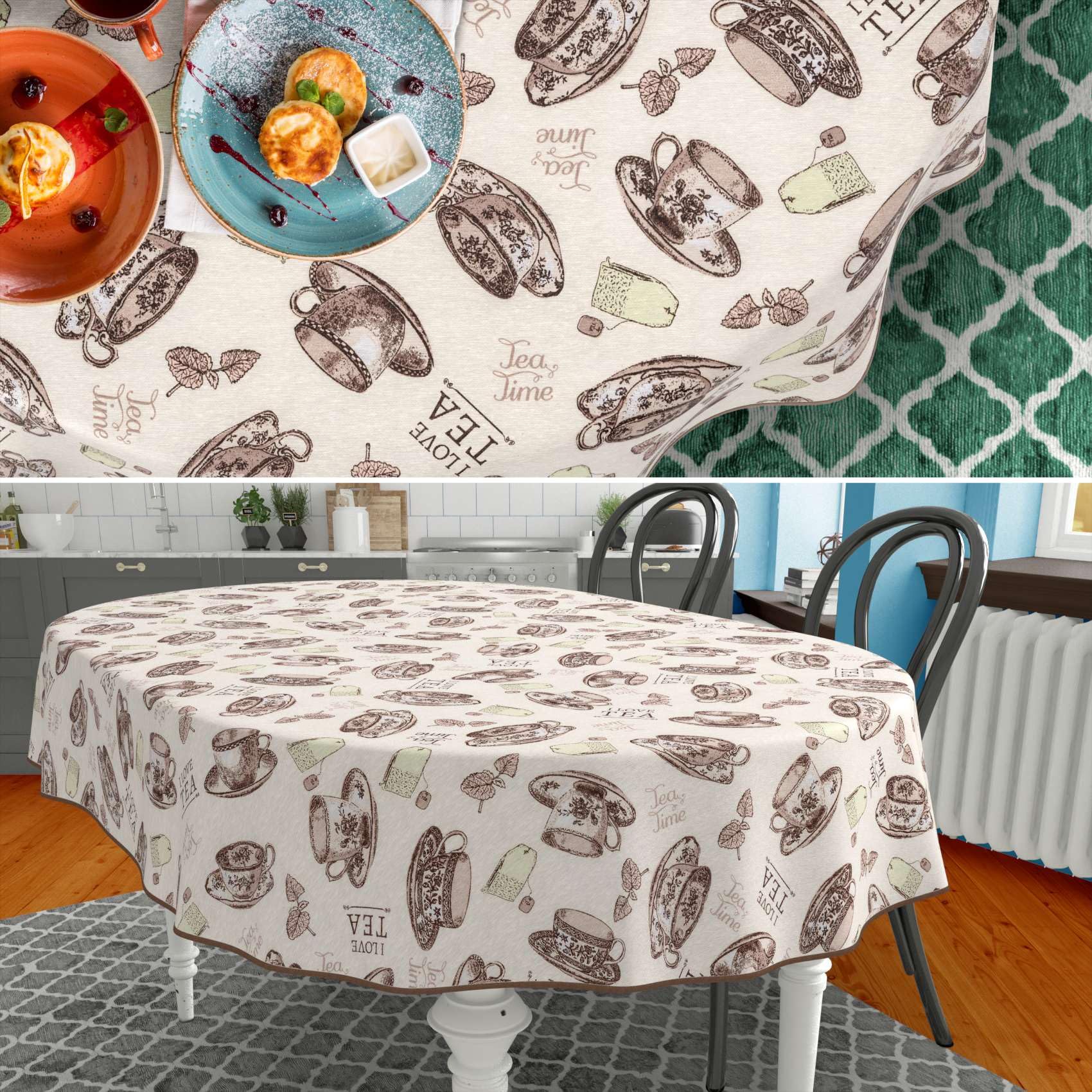 ANRO Nappe enduite L'heure du thé avec Ourlet Ovale 200x140 cm Anti-Taches