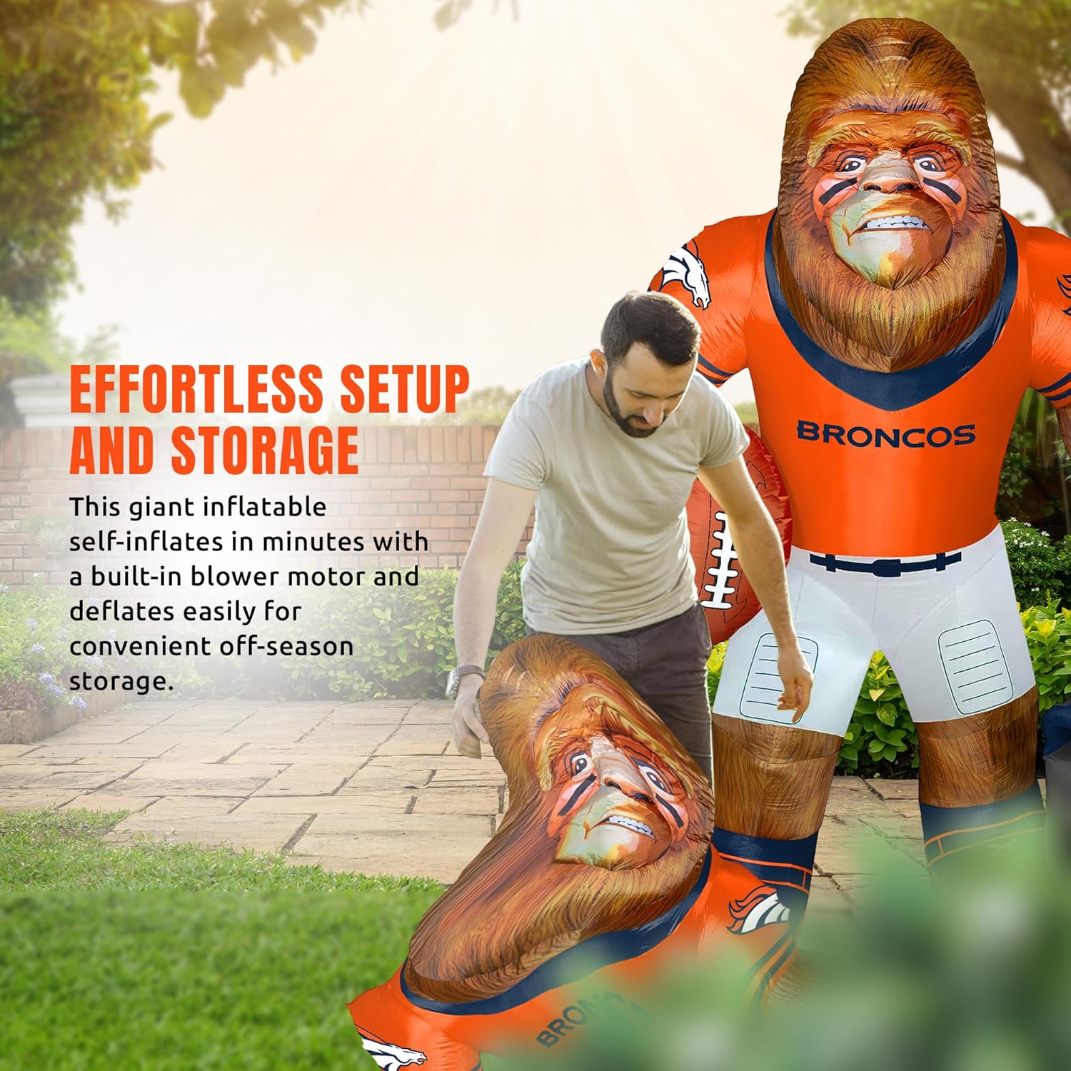 Denver Broncos Inflatable Bigfoot Sasquatch Team Mascot – 8 Ft Tall Yard Decoration with LED Lights | Squatch NFL Big Footballer | Built-in Blower Motor, Weather-Resistant, Indoor/Outdoor Use