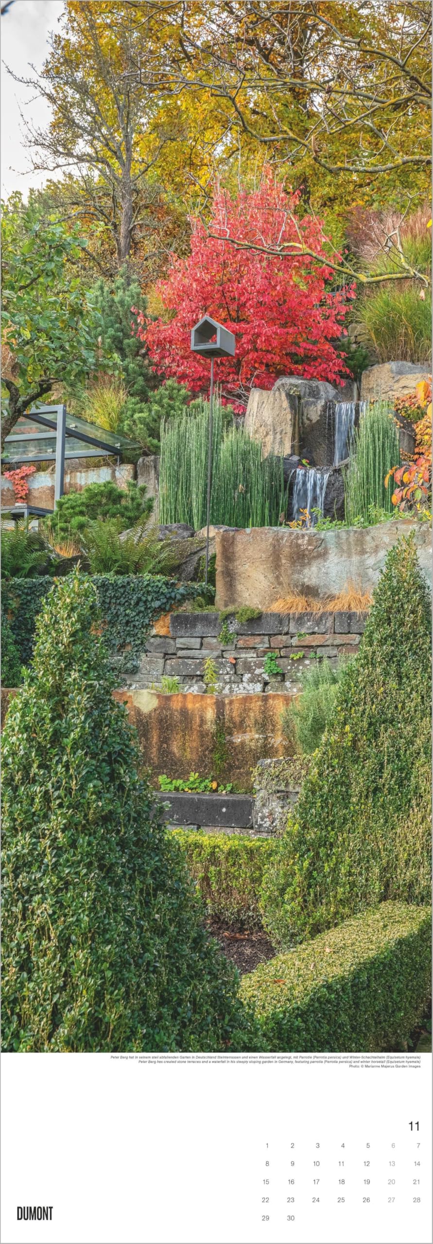 Gärten 2027: Wandkalender 34x98 cm mit 12 Gartenfotografien und sprachneutralem Kalendarium