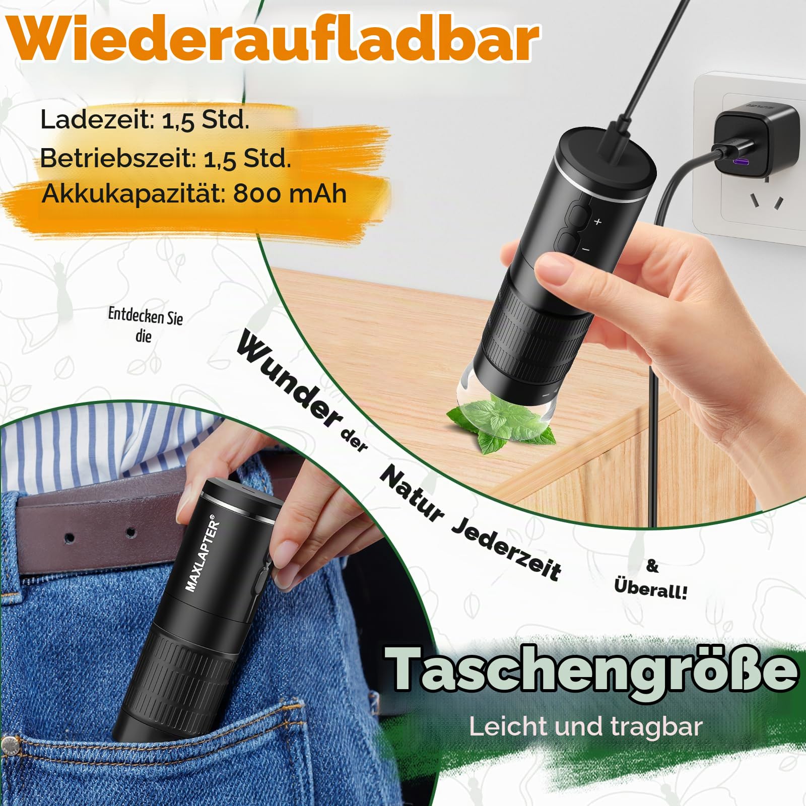 MAXLAPTER WiFi Digital Mikroskop 50X-1000X für Erwachsene und Kinder | Handmikroskop Handy USB und WiFi Verbindung 8 LED Leuchten 1920P Foto Video Akku für iPhone Android iPad Tablet Windows Mac