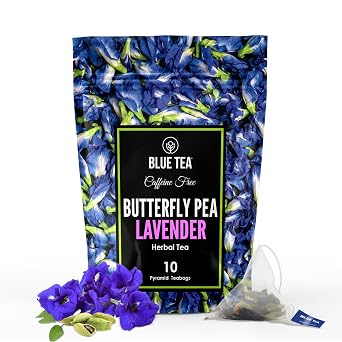 BLUE TEA - Butterfly Pea Flower Tea - Lavender - 10 Count - Pyramid Plant Based Tea Bag | CALMING AND RELAXING | Caffeine Free - Detox Tea - Flower Based - Non-Bitter | Zipper Pack