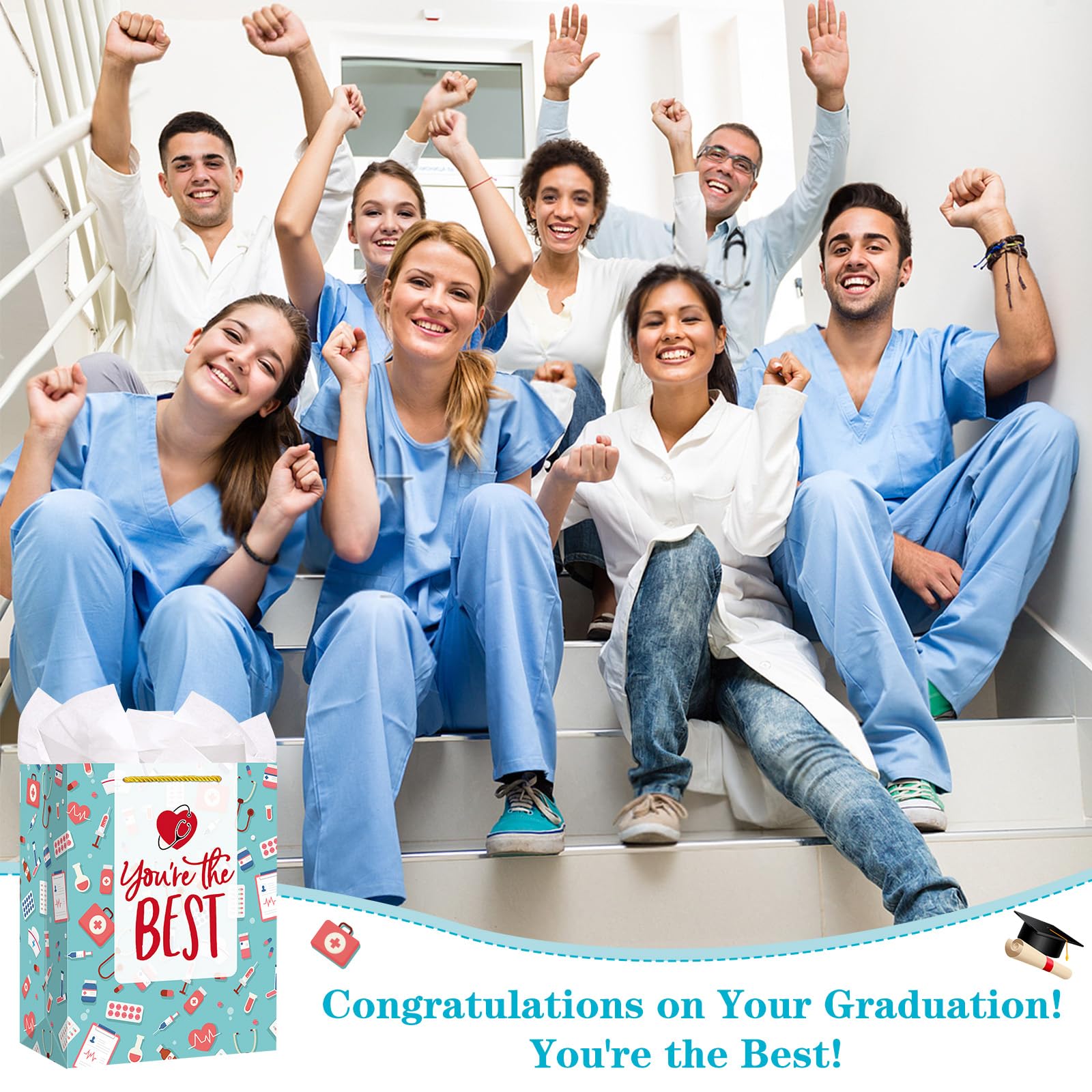 FaCraft Nurse Graduation Gifts Bag - 13" Large Nurse Gift Bags with Tissue Paper for Women Men New Nurses Nursing School Graduation Gift for Her Him Graduates New Nursing Student Medical School Party