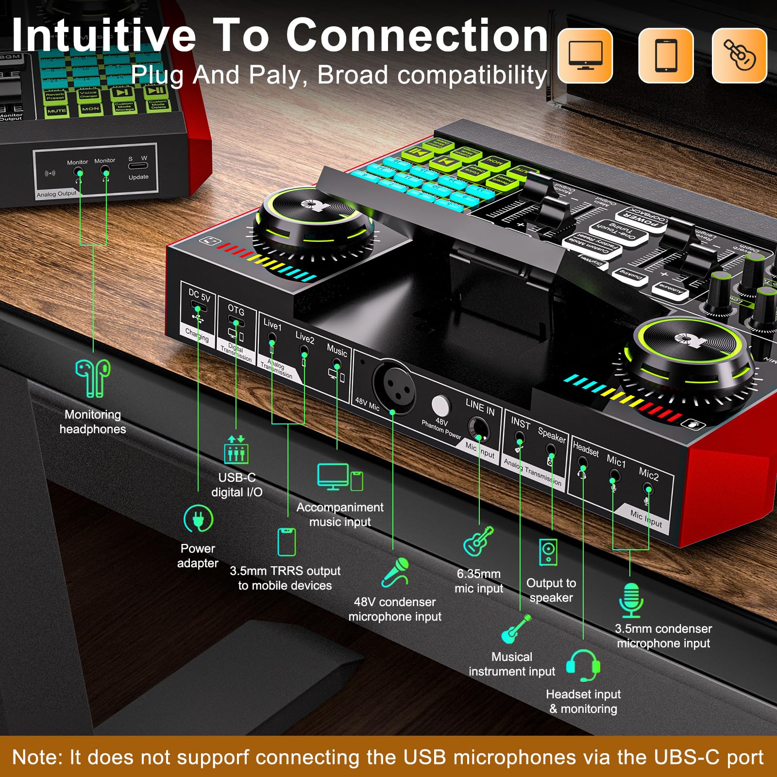 Podcast Equipment Bundle with Live Sound Card Audio Mixer, 3.5mm Condenser Microphone for PC/Phone Streaming and Singing, Podcast Microphone Bundle with Voice Changer sound board