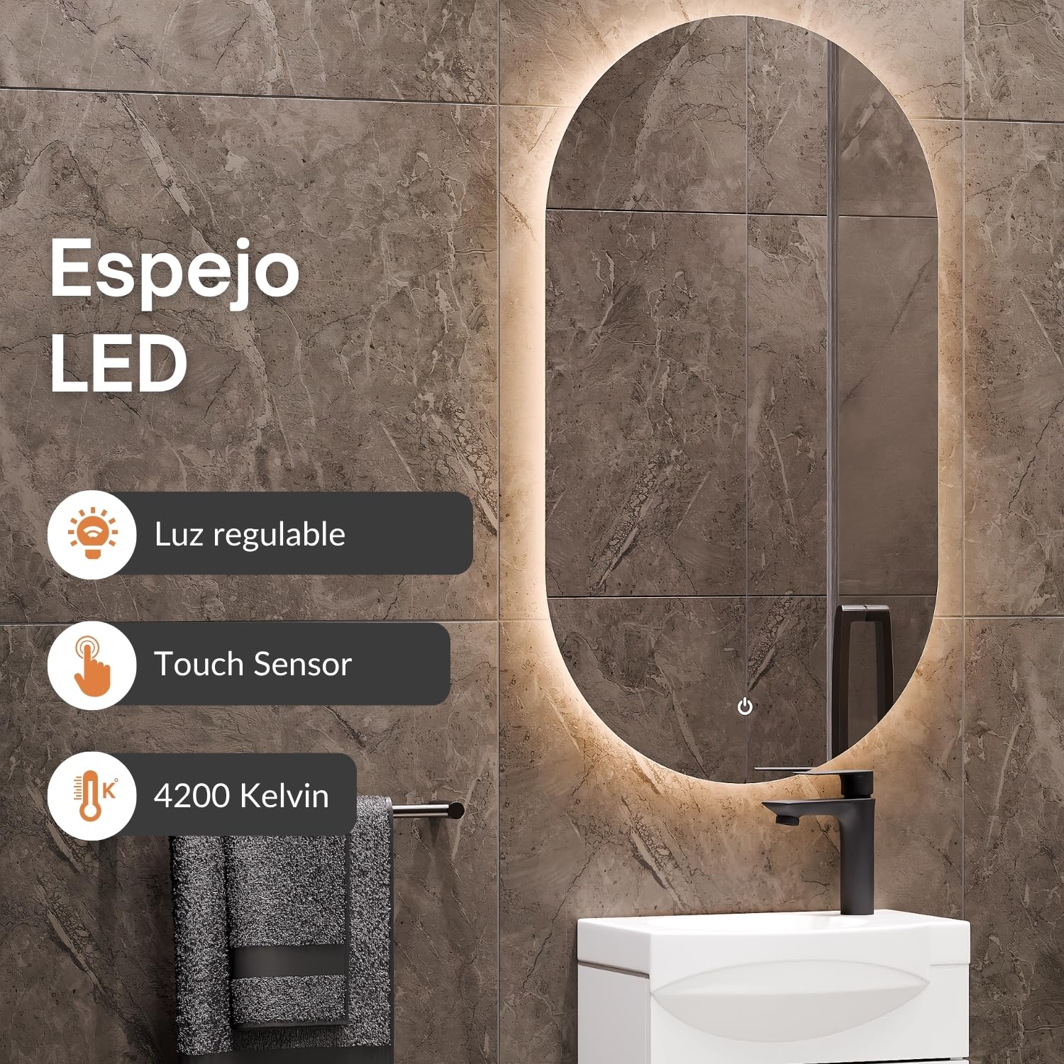 Planetmöbel Conjunto de Muebles de baño Lavabo con Mueble bajo 40 x 60 x 29 cm, Espejo con iluminación 50 x 90 cm para Cuarto de baño y WC de Invitados, Blanco
