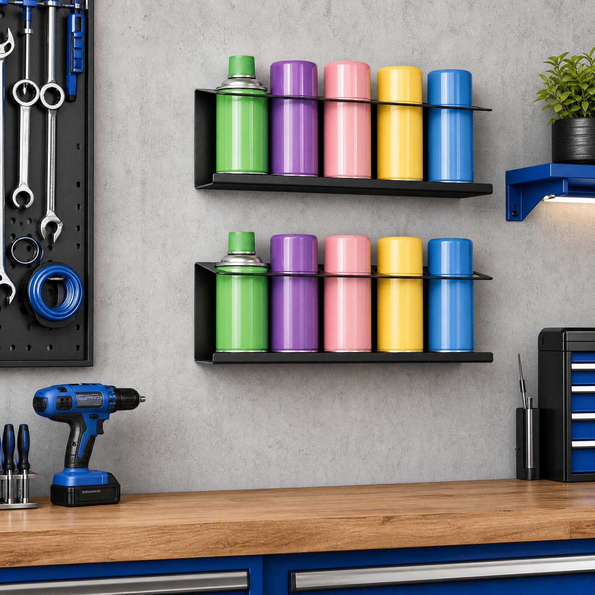 2 soportes para latas de aerosol de acero al carbono negro para 5 latas de 7,6 cm, soporte para latas de taller con tubo de expansión y tornillos, accesorios para garaje, taller, caravana