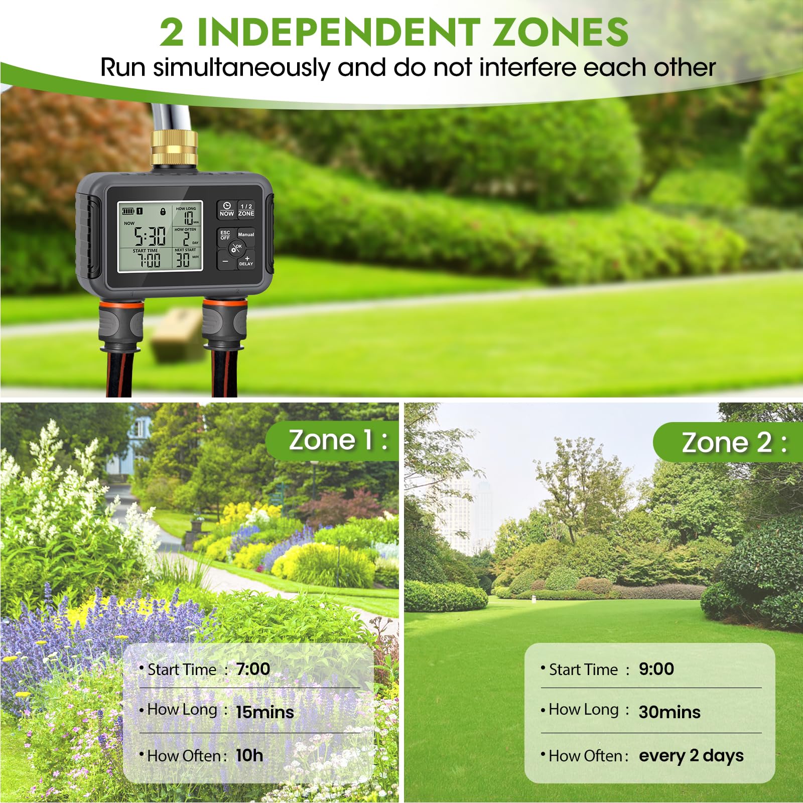 RIOGOO Temporizadores de Grifo para Manguera de jardín Exterior, Temporizador programable para aspersores con retardo por Lluvia (2 Outlet Water Timer)
