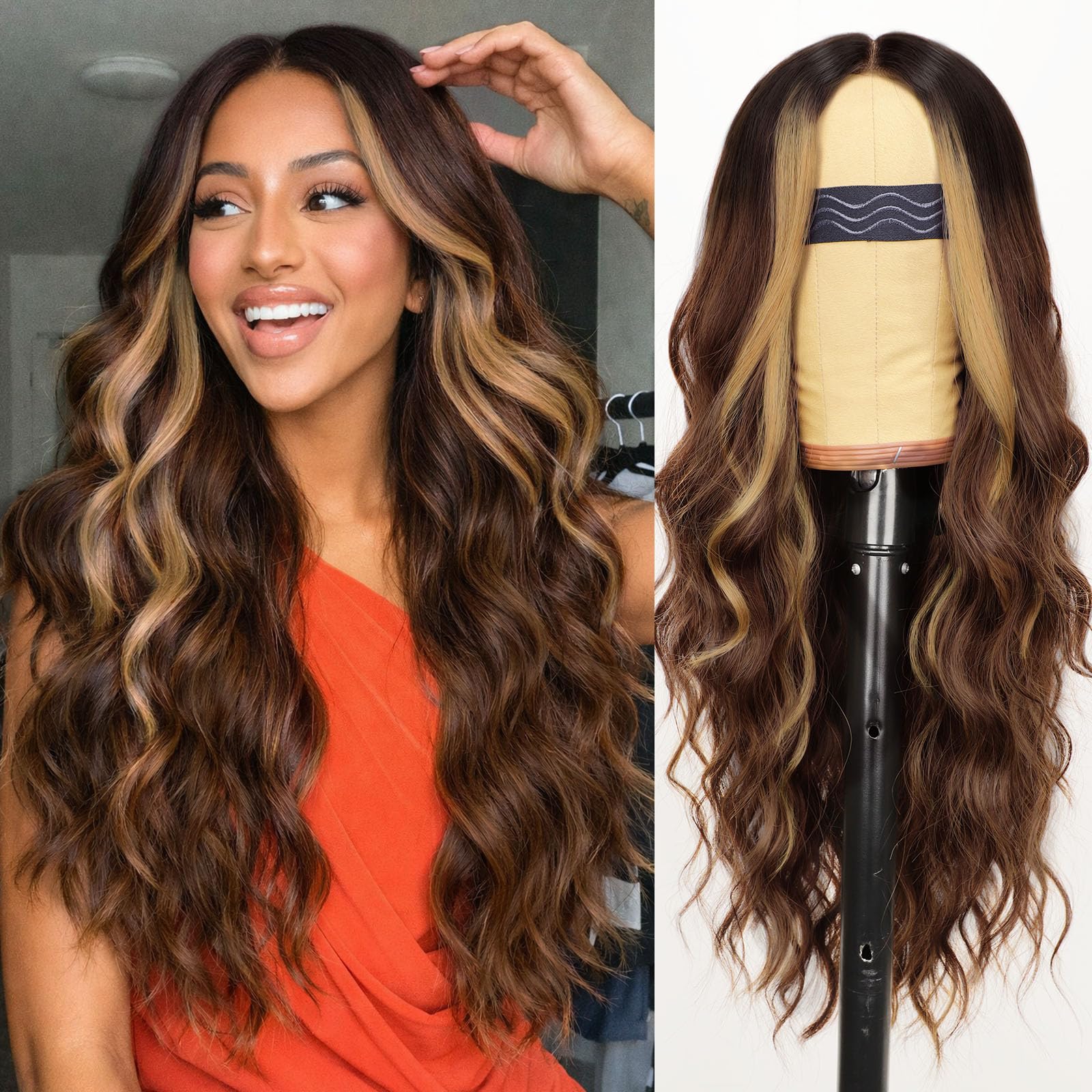 AISI HAIR 【Beginner Friendly Wigs Brown Highlight Wig for Women, Long Wavy Lace Hairline Middle Part Synthetic Heat Resistant Wig for Daily Party-26