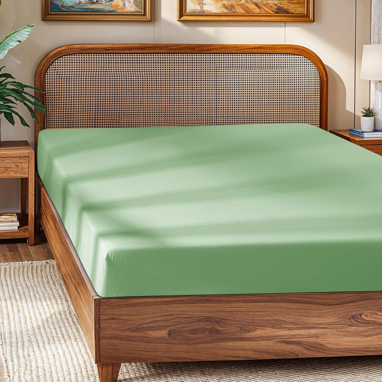 SONORO KATE 100% French Linen Fitted Sheet (1 Piece) - Stone Washed Natural Linen Mattress Cover, 16 Inch Deep Pocket, Ultra Soft, Breathable, Durable for Hot Sleepers (Green,King)