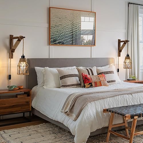 Miniatura 9 de SEEBLEN Juego de 2 apliques de pared enchufables, lámparas colgantes de granja que se enchufan a la toma de pared, aplique de jaula de metal rústico