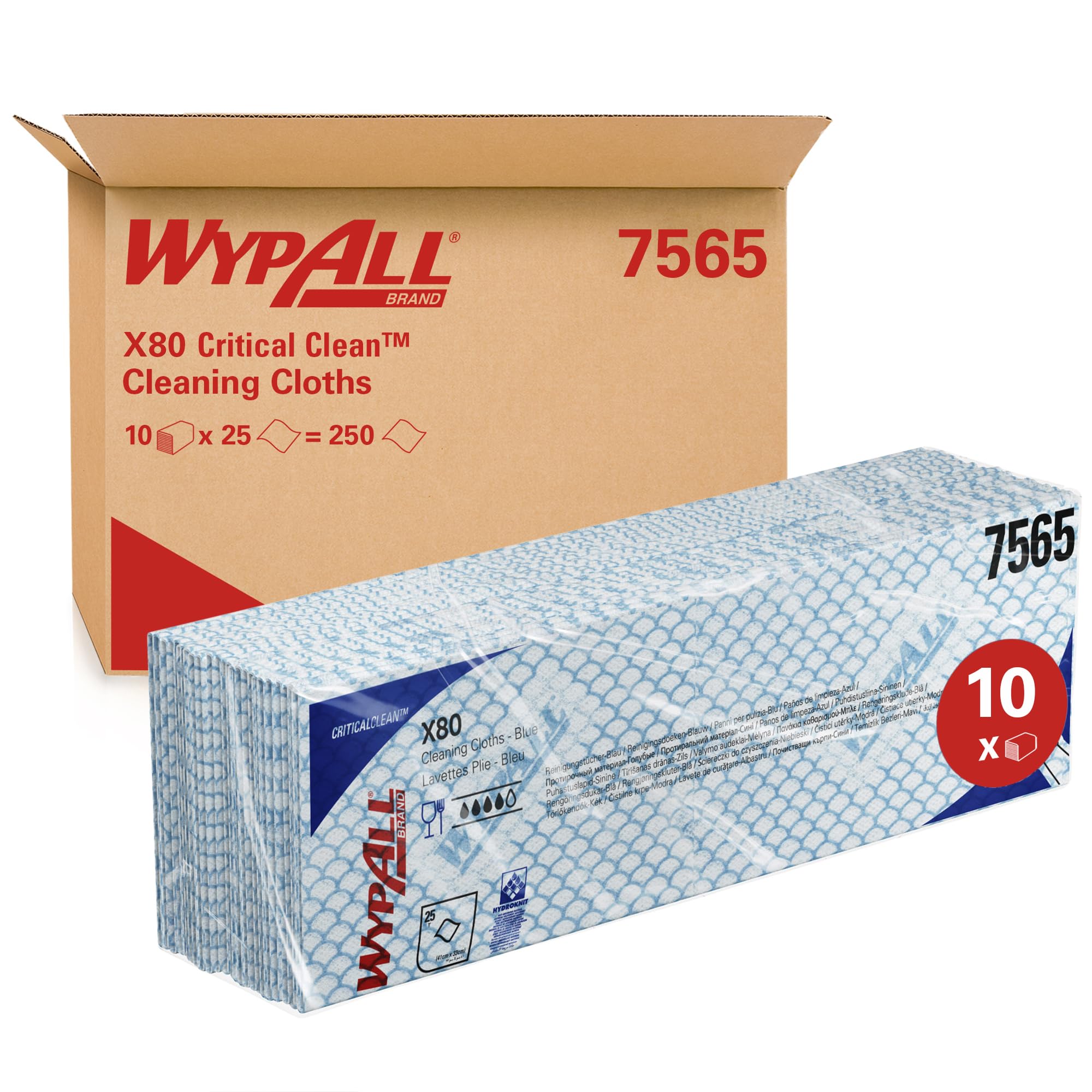 WypAll X80 Paños de limpieza codificados por colores 7565 - Paños azules - 10 paquetes x 25 paños de limpieza de alta resistencia (250 en total)