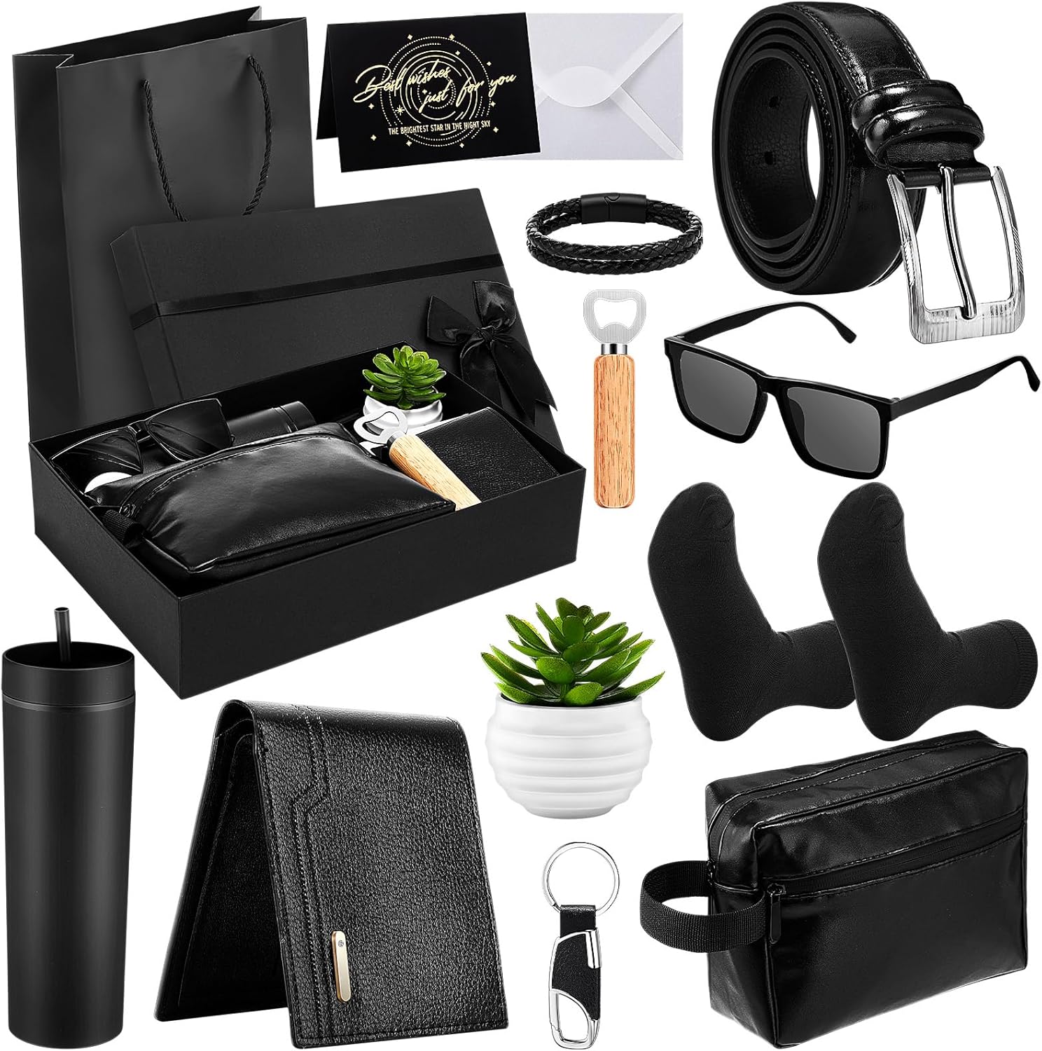 Skylety 13 Pcs Birthday Gifts Baskets for Men Valentine Gift for Men Birthday Gift Box 16 oz Tumblers Wallet Toiletry Bag Sock Bottle Opener Belt Bracelet Glasses Keychain for Dad Boyfriend Husband
