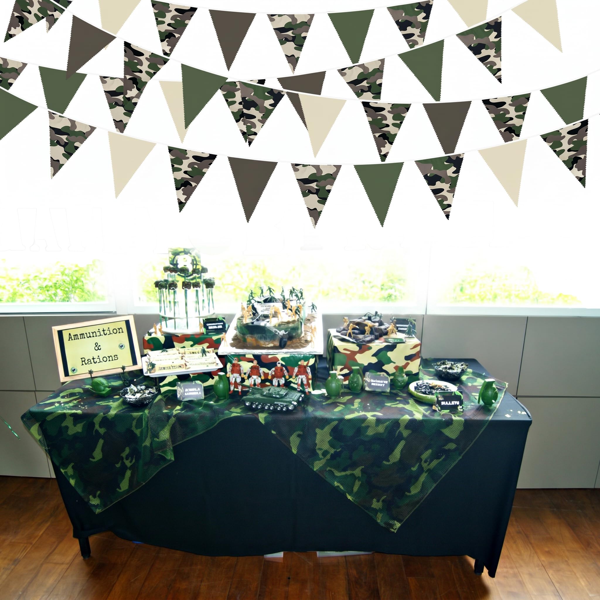 Banderín de camuflaje de 32 pies para decoración de fiesta, banderín de héroe de camuflaje verde y marrón, banderines de tela, banderines triangulares para soldados militares, tanques del ejército