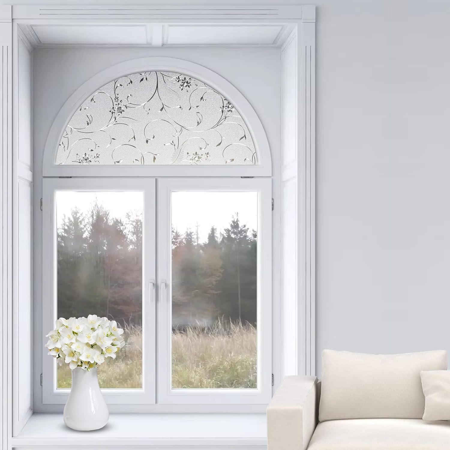 Autotech Park Precut Custom Arched Window Film, Elegant Flower Design, up to 34 inches Diameter and 20 inches Height