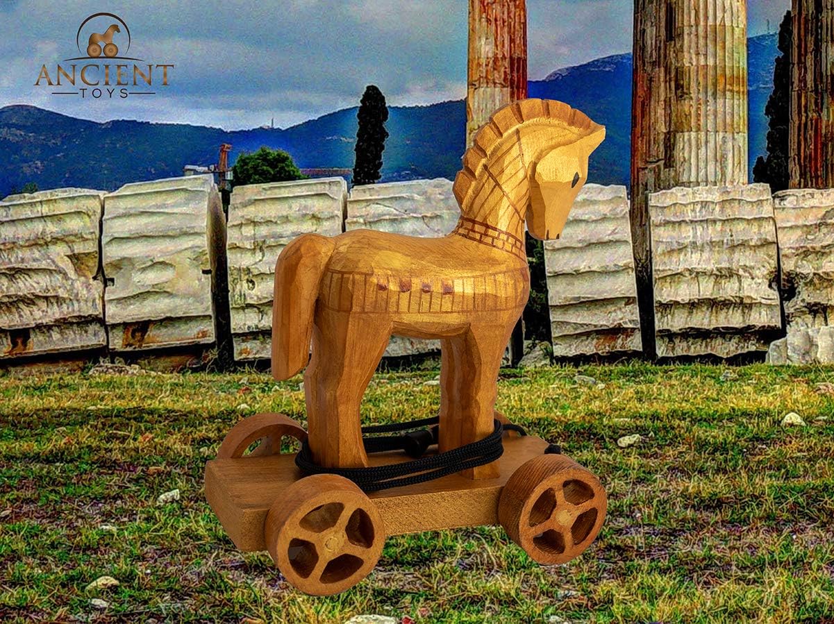 Ancient Toys - Wooden Trojan Horse Pull Toy with Hardcover Book! Teach Children About History Through Interactive Play
