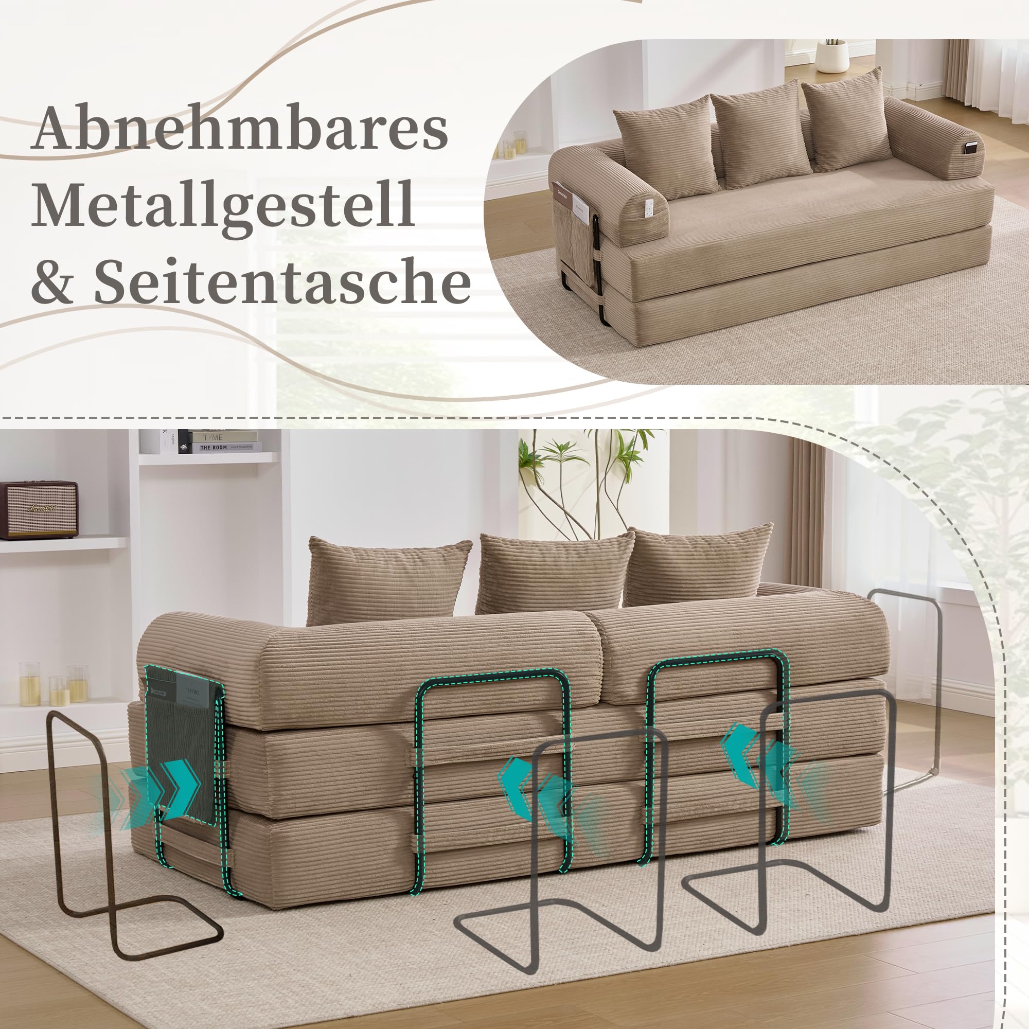 Sofá modular, sofá sin huesos, sofá cama, sofá con función de dormir, plegable, con estructura de metal robusta, bolsillos laterales + 3 cojines, 200×94×67cm (Jaque)