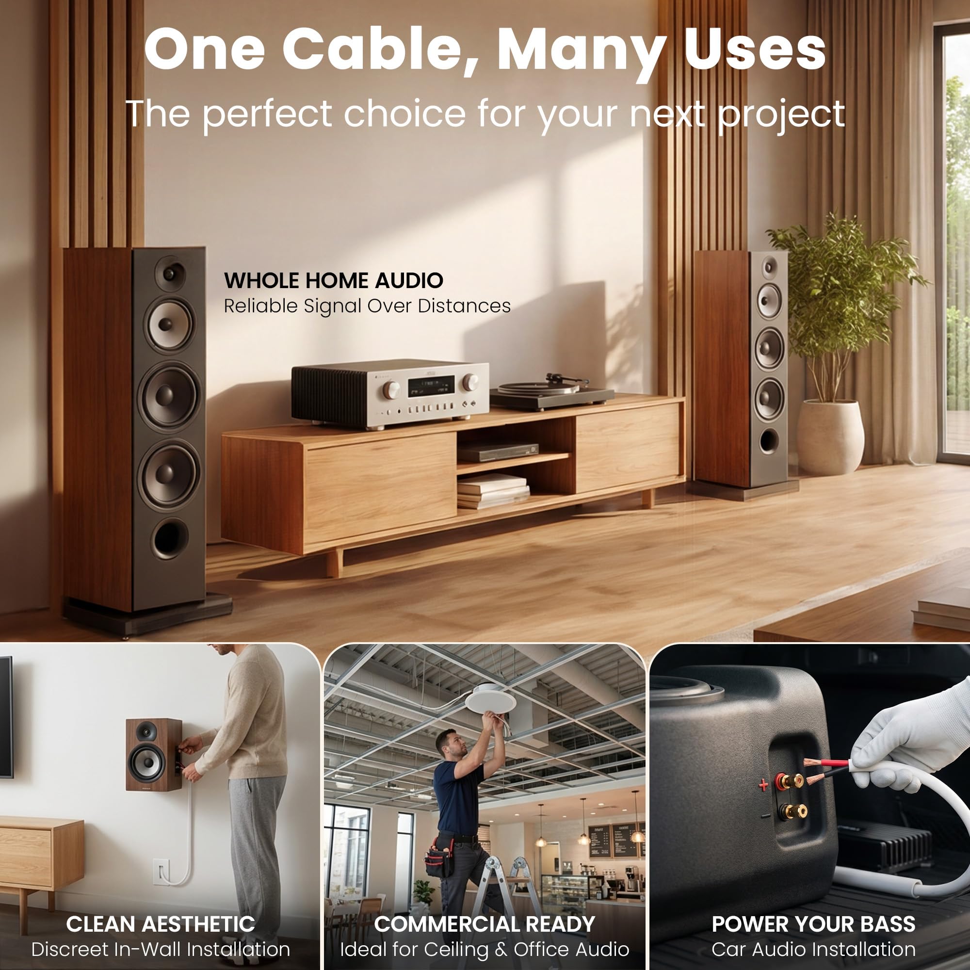 GearIT Cavo per altoparlanti da parete OFC 2 x 1,5 mm≤ (60,96 metri – bianco) rame privo di ossigeno – audio Hi-Fi per CL2 nominale/2 conduttori – calibro 16 AWG, 200 piedi