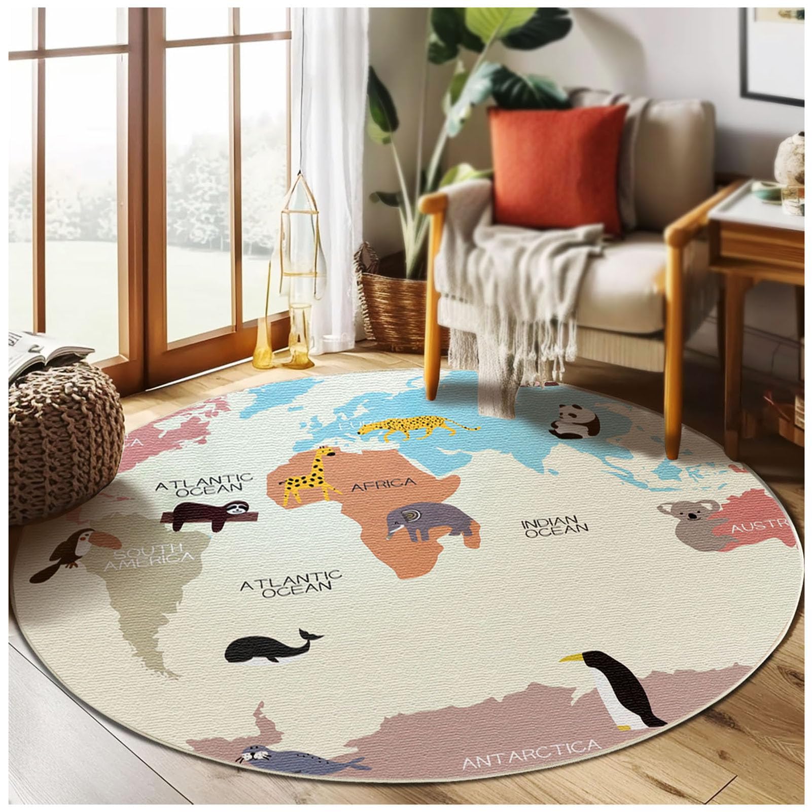 HMGAQNP Alfombra redonda con mapa del mundo, para dormitorio, salón, oficina, entrada, decoración del hogar (beis, 140 cm), MSDT01