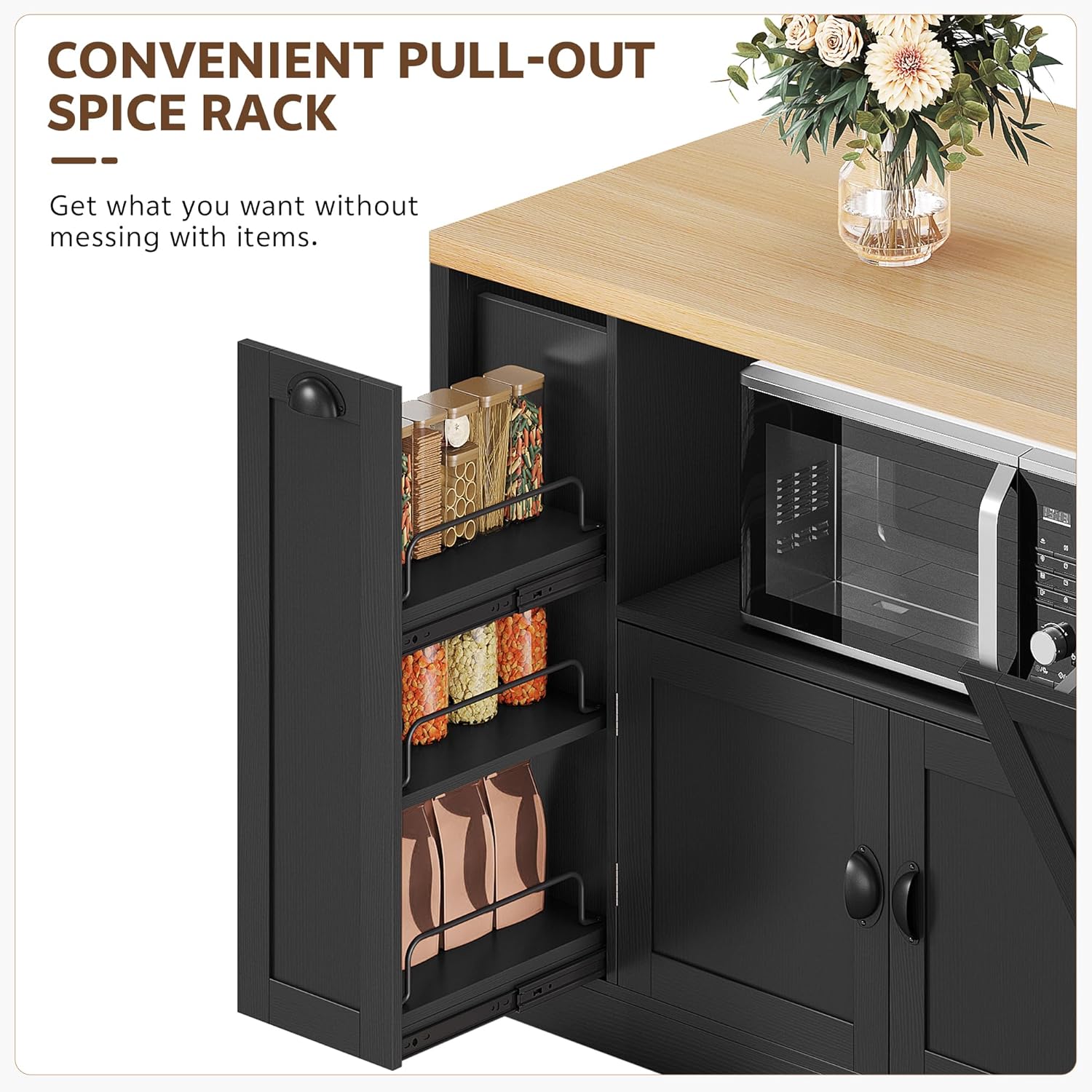 Homiflex kitchen island countertop with integrated power outlet, spice rack, and trash can cabinet
