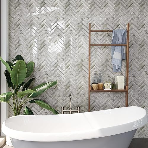 Miniatura 5 de CRE8TIVE 4 hojas de azulejos de espiga para despegar y pegar contra salpicaduras para cocina y baño, 12 x 12 pulgadas, autoadhesivas, azulejos de