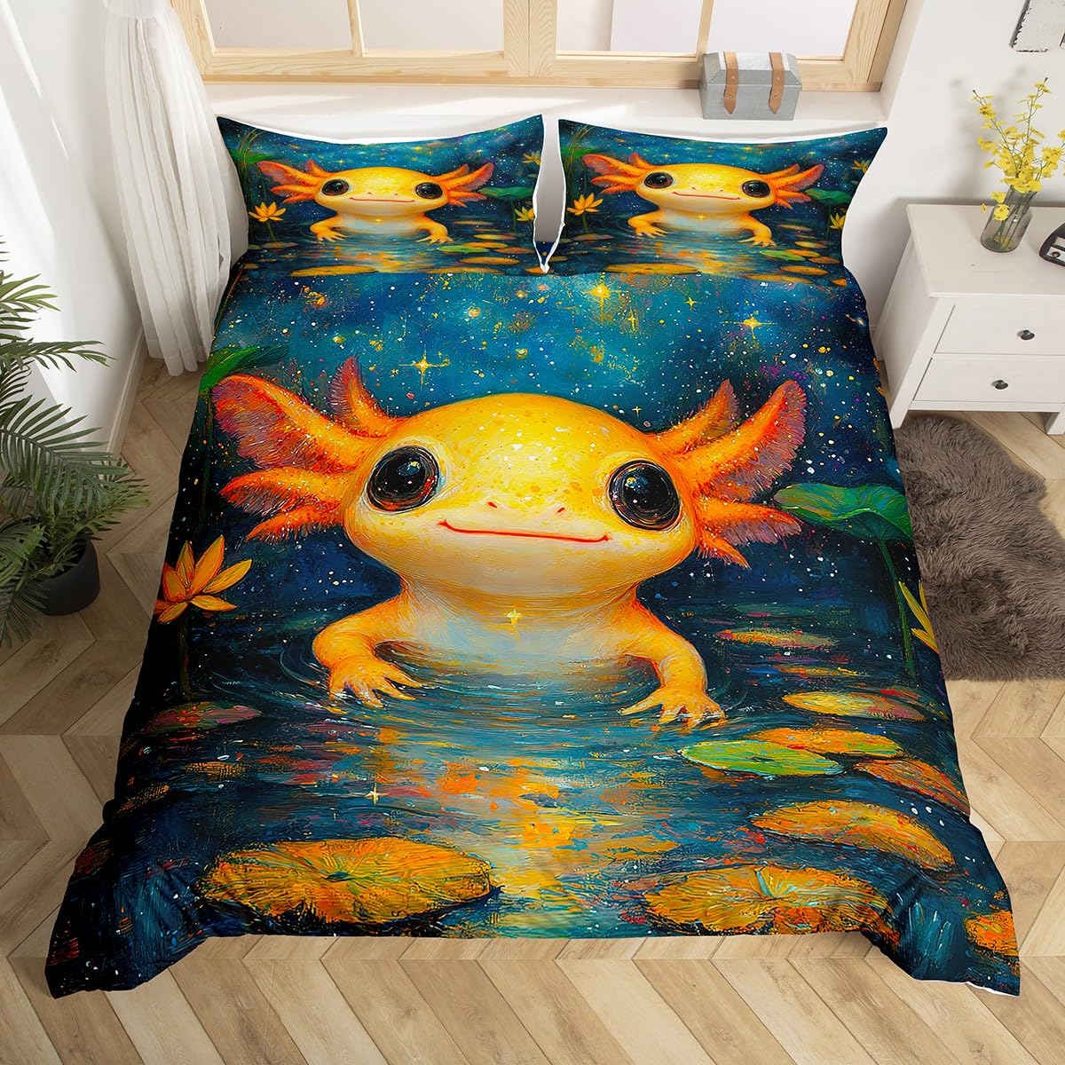 Homewish Axolotl Bettwäsche Set 135x200,Nette Wilde Tier Bettbezug mit 1 Kissenbezug,Cartoon Axolotl Trösterbezug für Kinder Jungen Mädchen,Lotus Teich Sternenhimmel Bettbezug