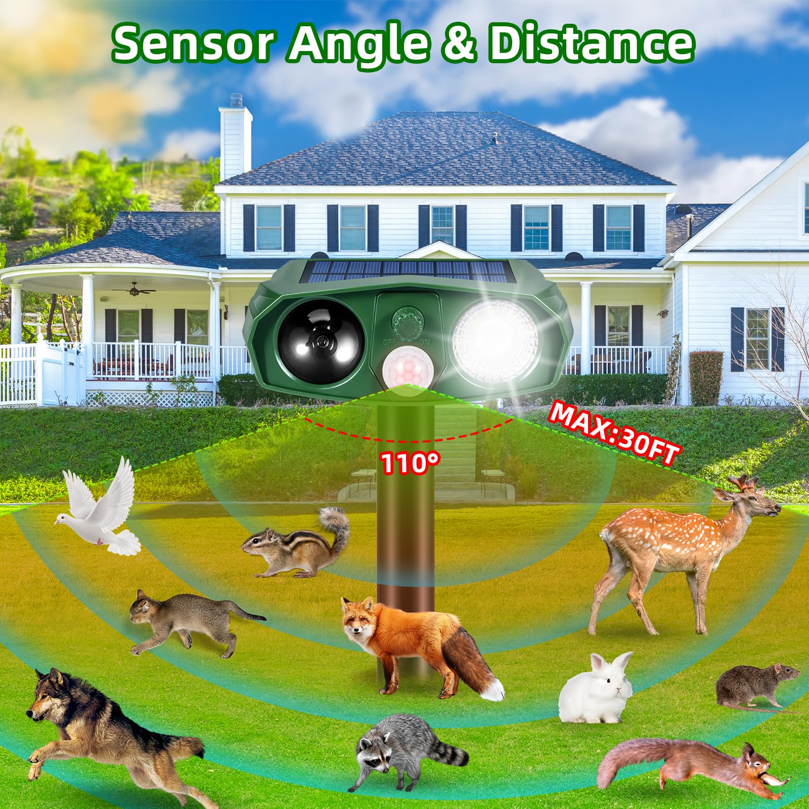 Paquete de 4 repelentes solares ultrasónicos de animales para exteriores, dispositivos disuasorios de ciervos con sensor de movimiento, repelente solar de ganso