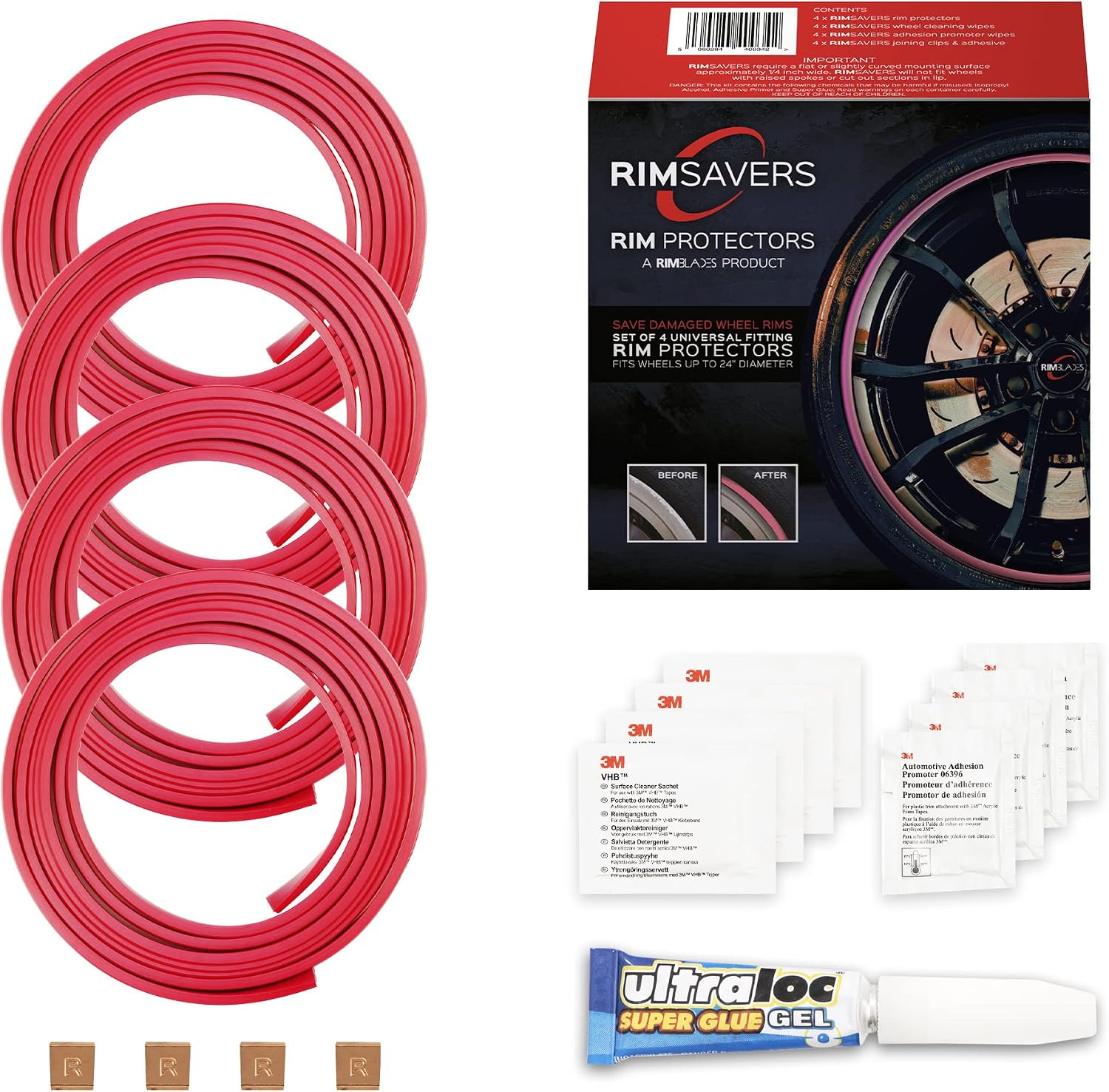 Rim Protector for Car Wheels (Set of 4), Universal Fit Up to 24" Alloy Wheels, Easy DIY Install, Includes Adhesive Promoter & Clips, Tire Rim Protector for Cars, Trucks, SUVs (Pink)
