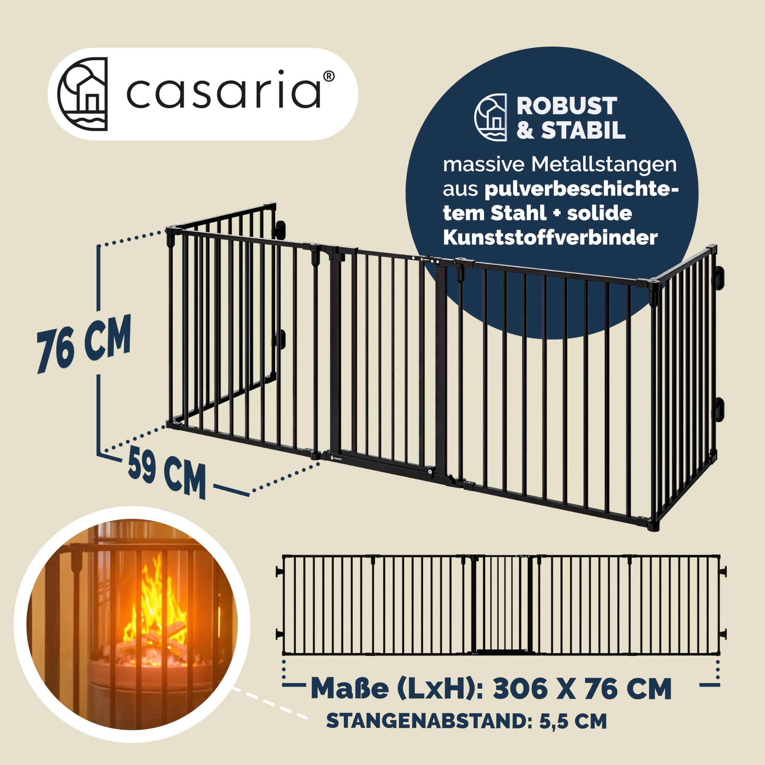 CASARIA Kaminschutzgitter Baby mit Sicherheitstür Metall 2X | 306x76 cm, ohne Bohren, Hundegitter, Kinderschutz, Türschutzgitter, Absperrgitter, Flexibler Einsatz als Laufstall, Schwarz