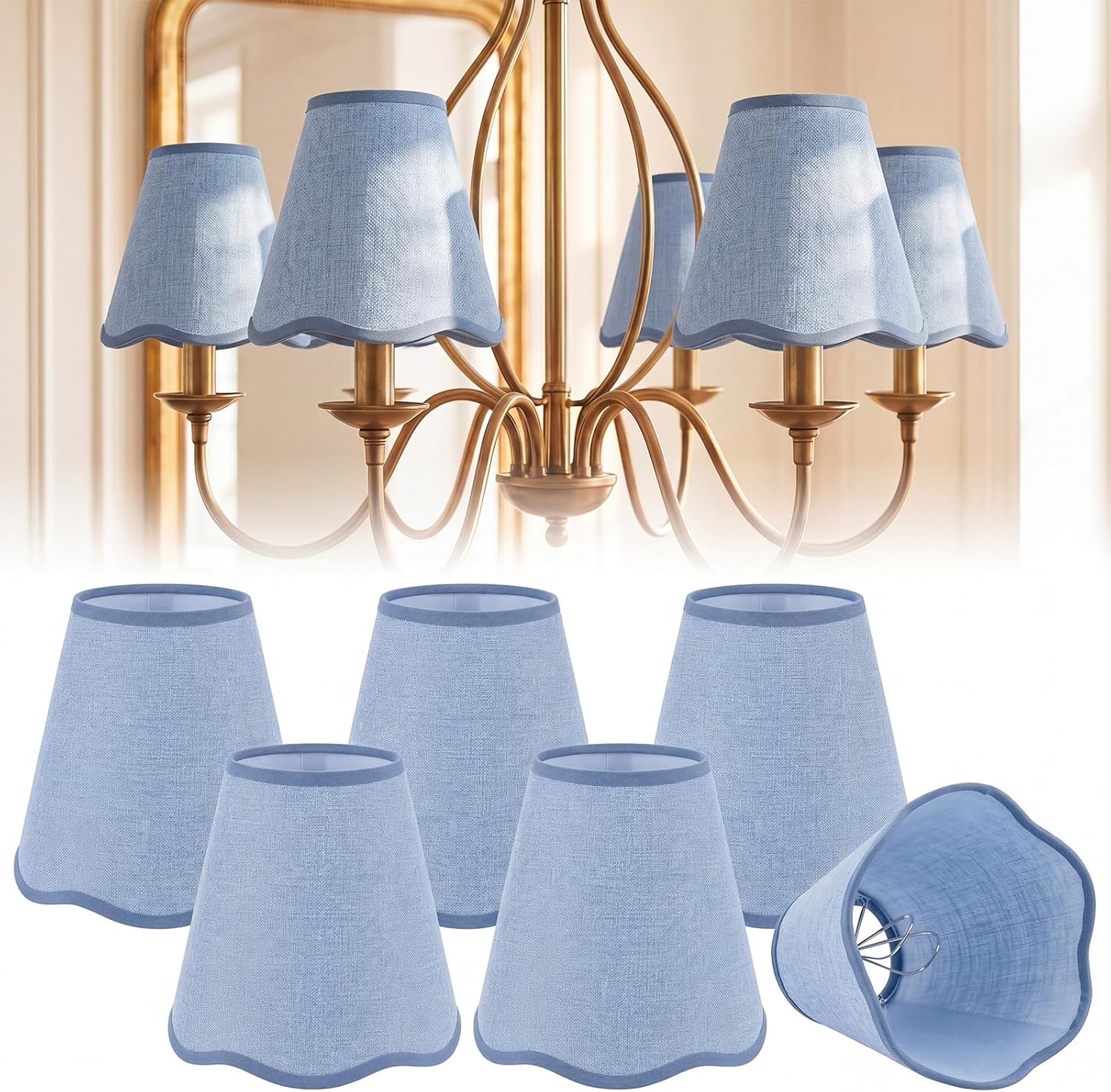 VIHOSE 6 Pack White Blue Small Scalloped Lamp Shades Chandelier Lamp Shade 3 x 6 x 6 Inch Linen Fabric Mini Scallop Lampshades with Trim Tapered Lampshades for Wall Sconce Pendant Light (Simple)