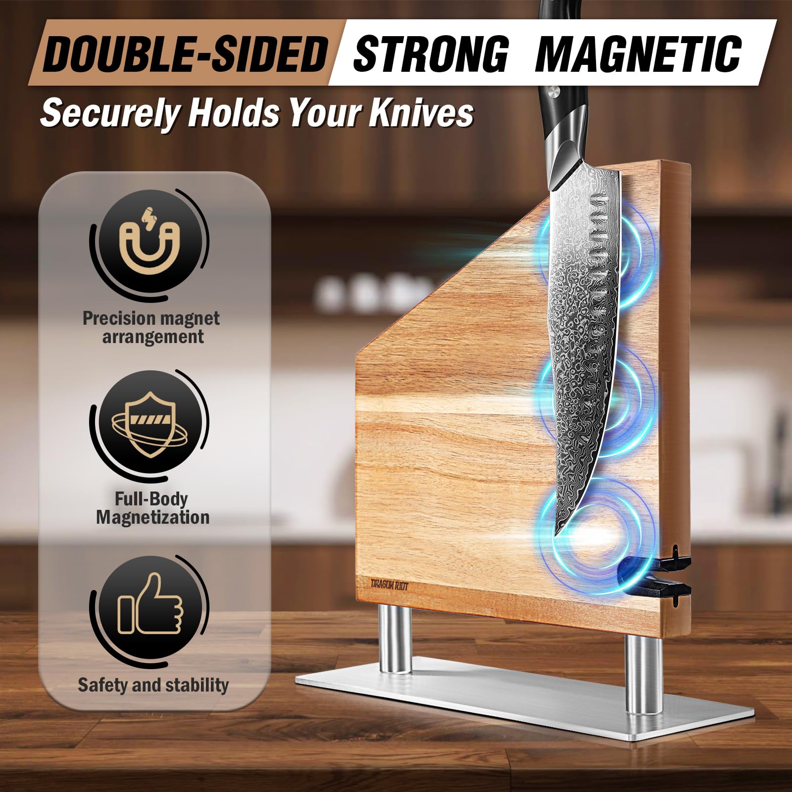DRAGON RIOT Messerblock Magnetisch mit Schärfer | Moderner Doppelseitiger Magnetischer Messerhalter aus Akazienholz, Stabiler Magnetischer Messerblock für die Küche