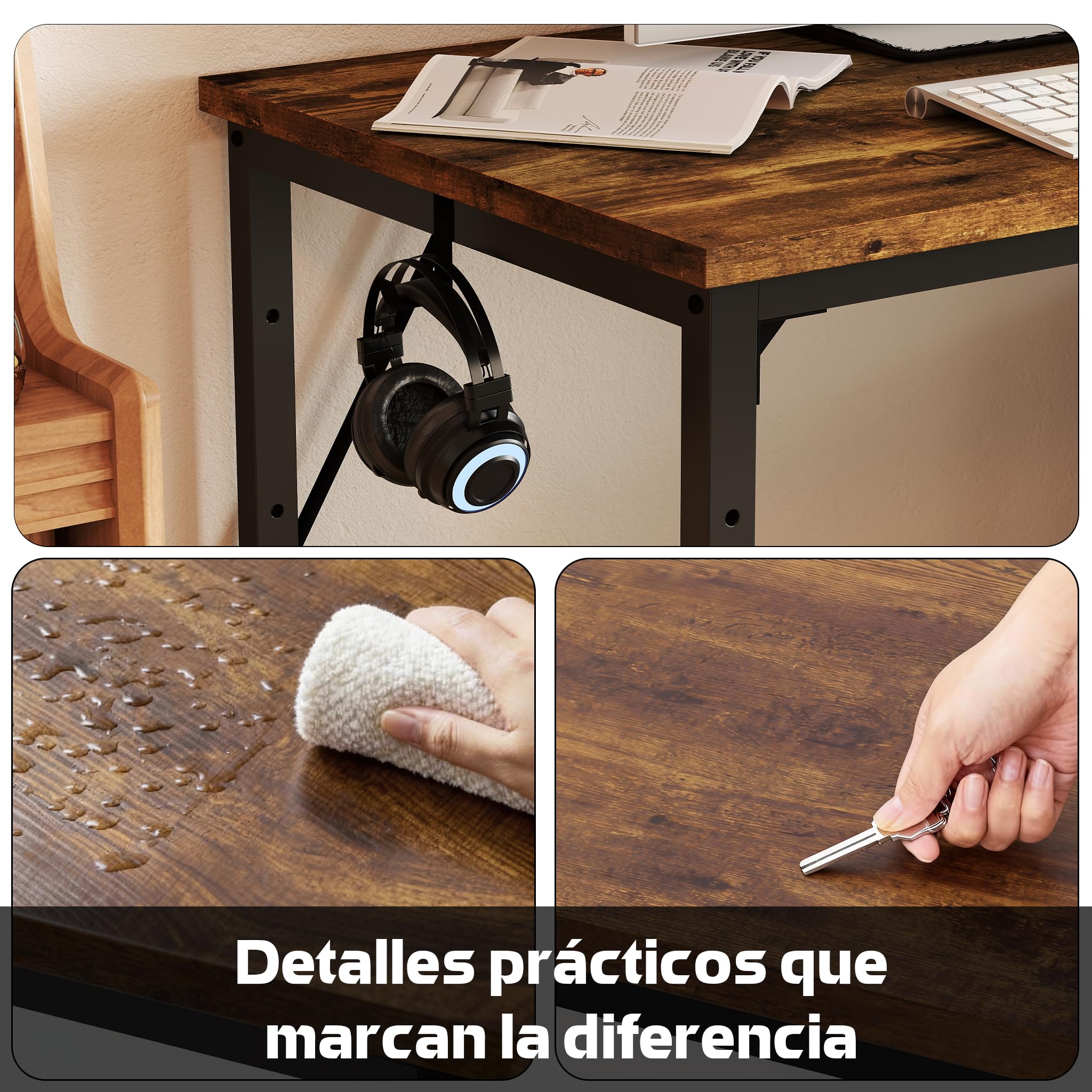 Airfish Mesa Escritorio, Escritorio Ordenador con Estanteria, Mesa de Juego, 120x50x75cm, con Estante Organizador, Gancho para Auriculares, para Oficina, Dormitorio, Sala de Estudio Marrón
