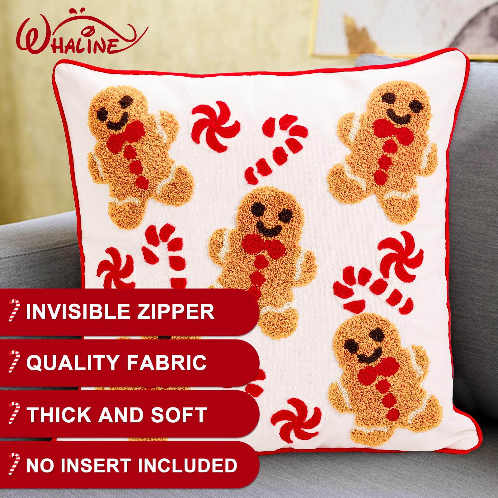 Whaline Lot de 2 housses de coussin touffetées de Noël - Motif bonhomme en pain d'épices - Rouge et blanc - 45,7 x 45,7 cm