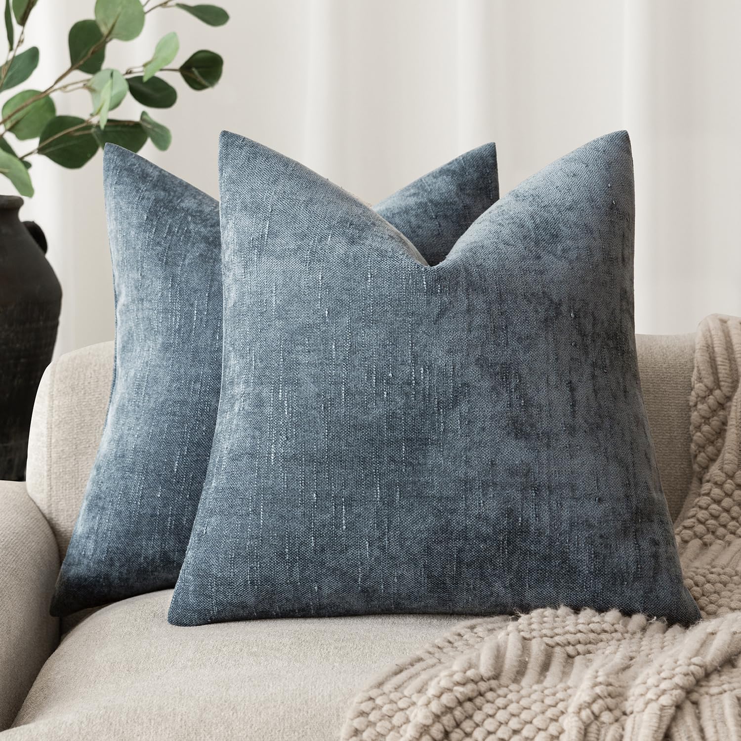 Foindtower Pack of 2 Soft Textured Chenille Throw Decorative Pillow Covers Square Accent Solid Cushion Cover Cozy Neutral Farmhouse Pillow Case for