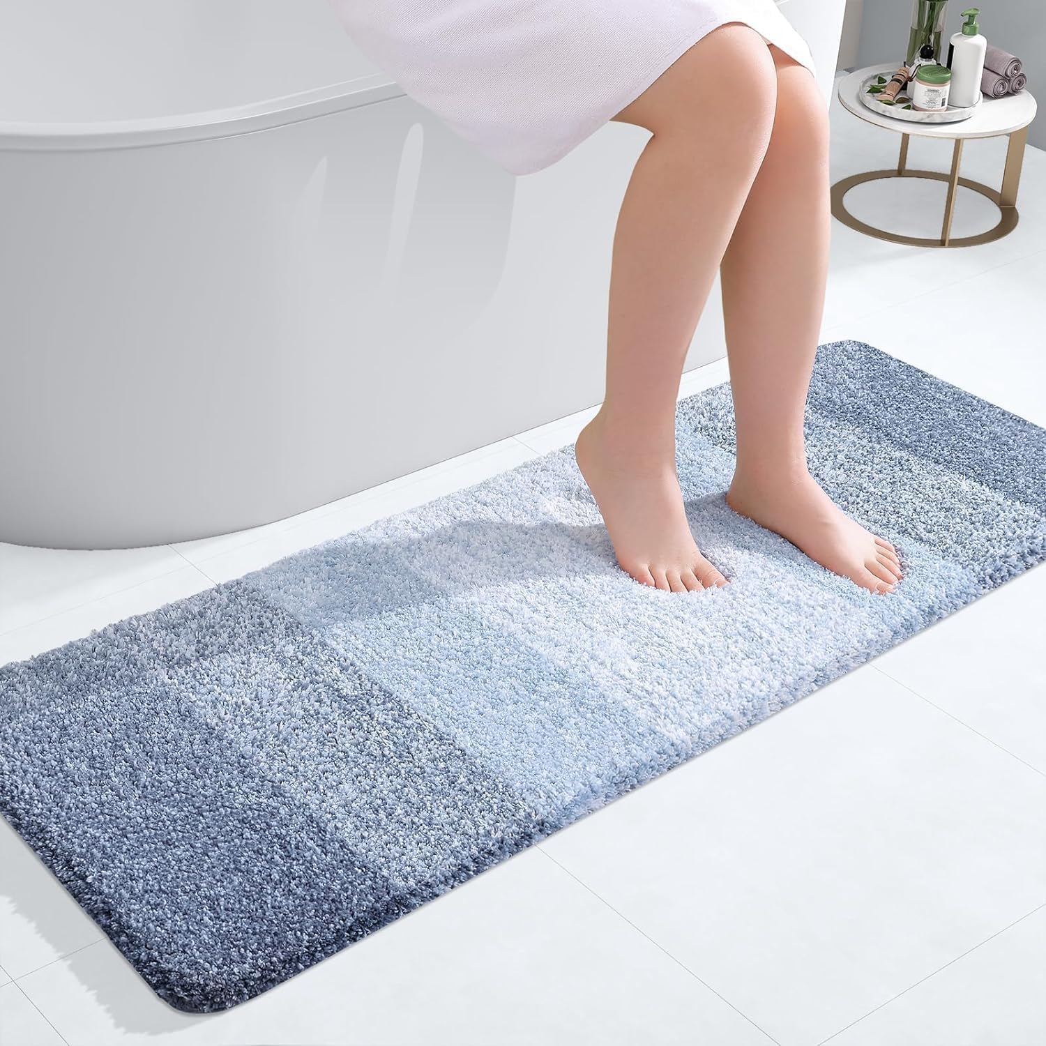 Homaxy Alfombra de baño suave de 40 x 120 cm, antideslizante y lavable, de pelo largo, de microfibra, absorbente, color azul