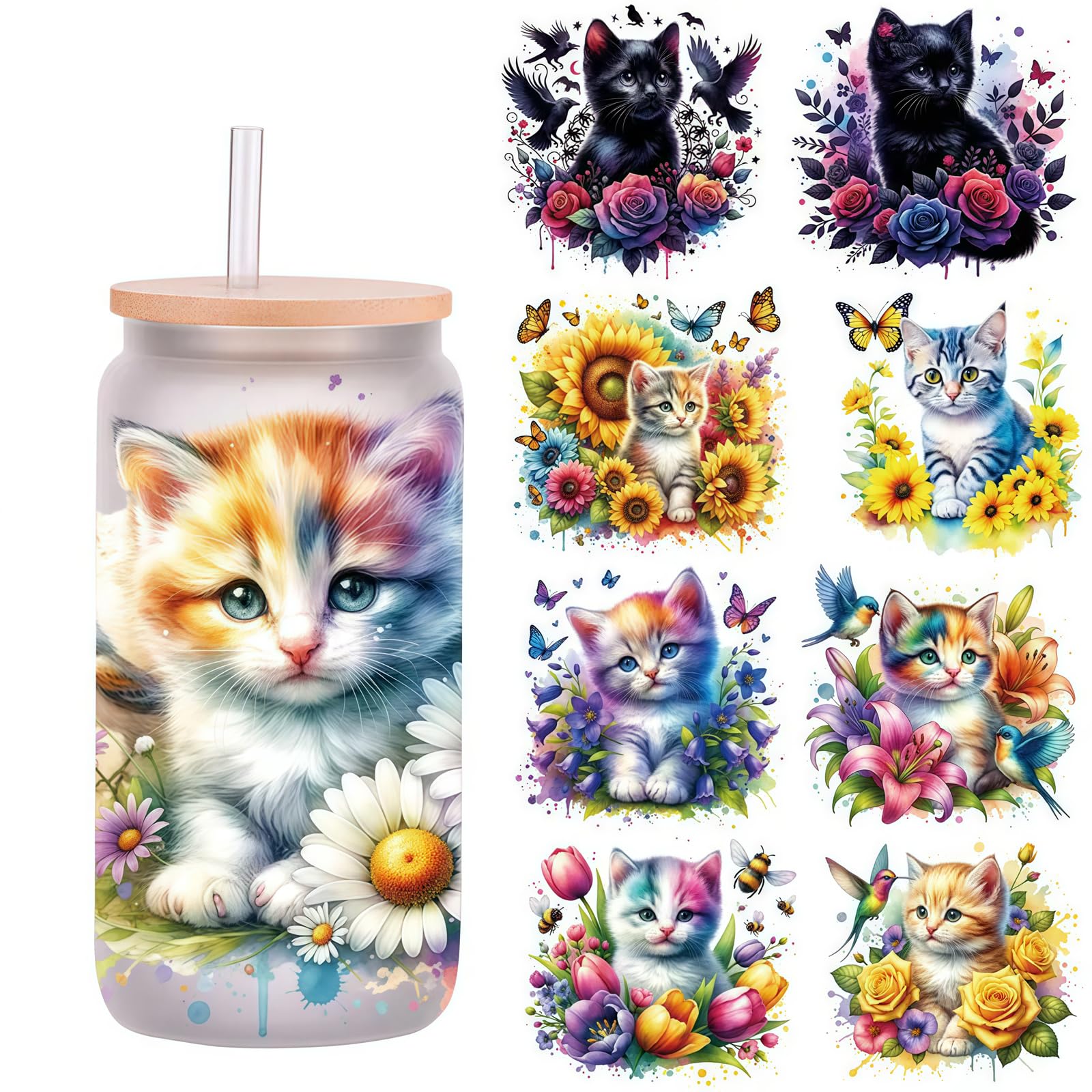 5pcs Spring Floral Cat UV DTF Cup Wraps Winter UV DTF Transfer Waterproof Sticker for Glass Cups Furniture Craft DIY Crafts，Rub on Transfer Stickers