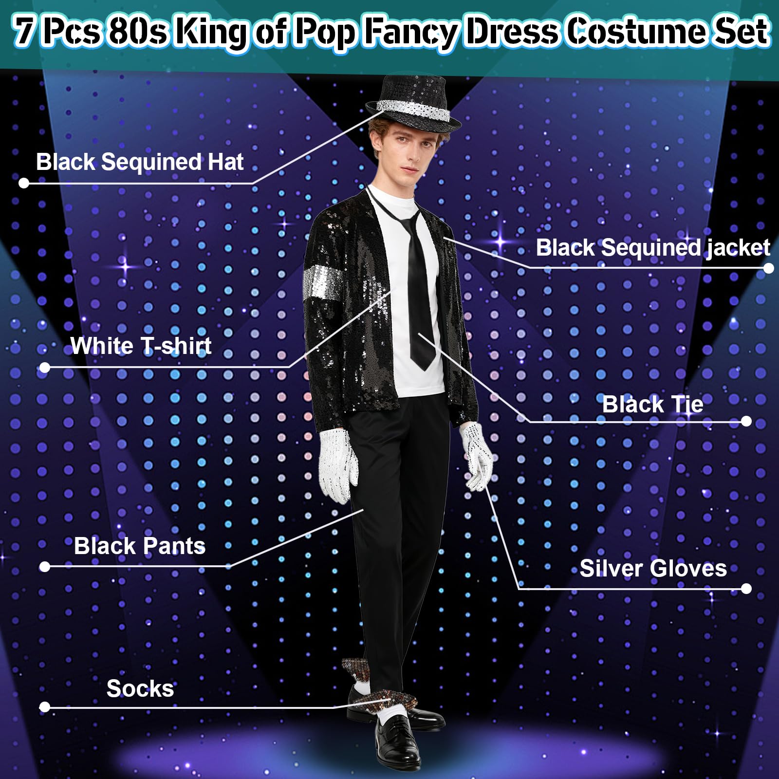 Costume da re del pop anni '80, per adulti, per cosplay, costume con cappello jazz con paillettes, giacca, top, pantaloni, guanti, calzini, cravatta, per Halloween, carnevale, feste a tema anni '80