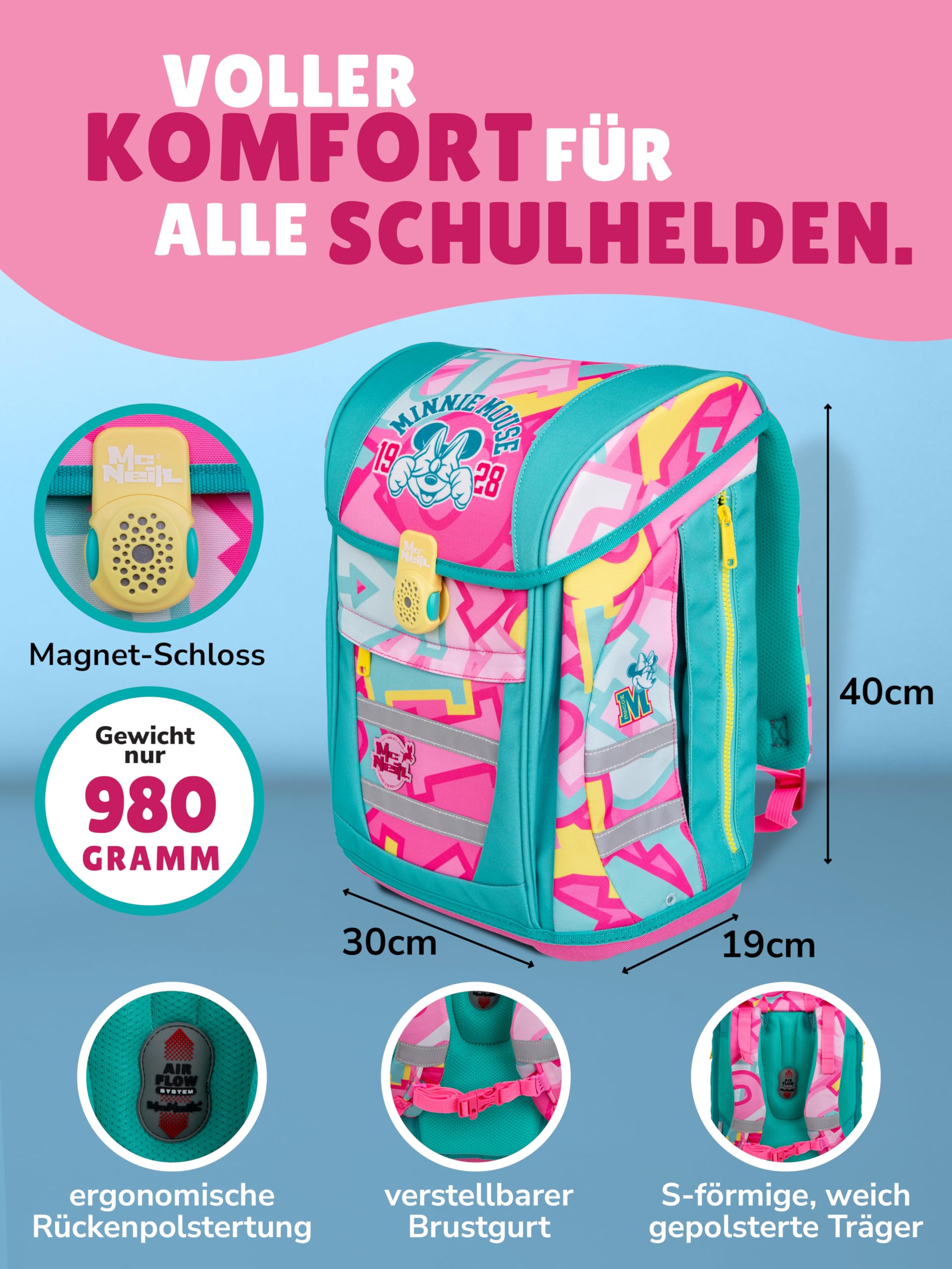 Familando - McNeill Teneris Schulranzen Set - 9-teilig mit Sporttasche - Minnie Mouse - Ergonomisch & verstellbarer Brustgurt - 980g leicht mit 18L Volumen & Reflektoren - Für Grundschule ab 1. Klasse