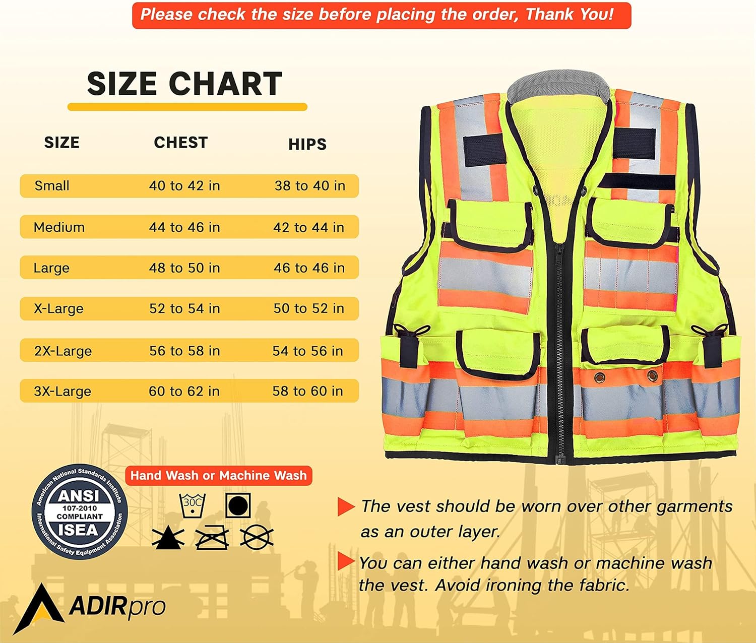 AdirPro Surveyor Safety Vest with Pockets - High visibility Reflective Construction Vest for Men - Class 2 Heavy Duty Vest ANSI Complaint for Contractors Safety Vest (Yellow, XL) - Image 6