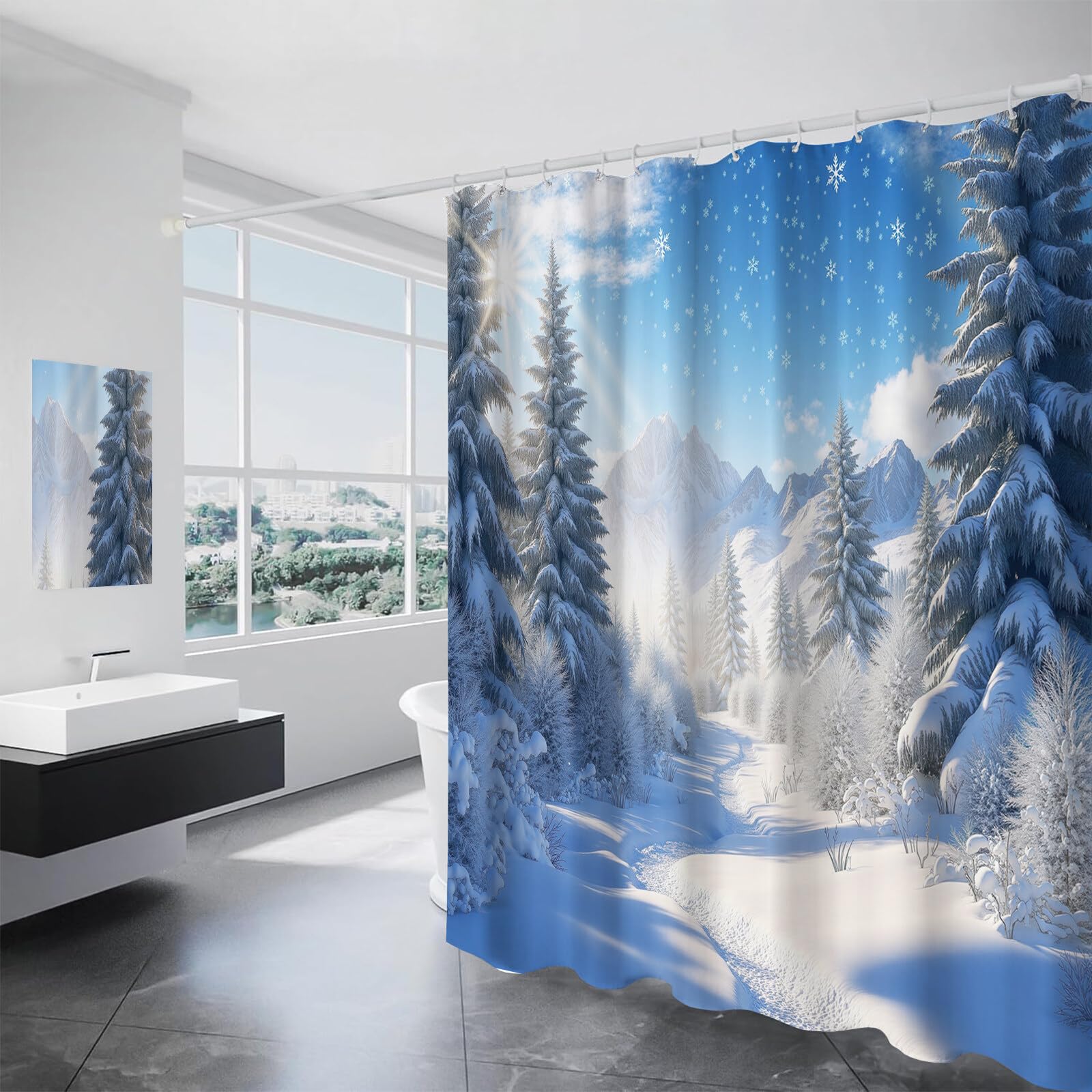 Rideau Douche,Rideau Baignoire Lavable en Machine Rideaux Douche Tissus Lavable Rideau De Baignoire Lavable pour Salle De Bain Domicile Baignoire Famille,Forêt De La Montagne Neigeuse,
