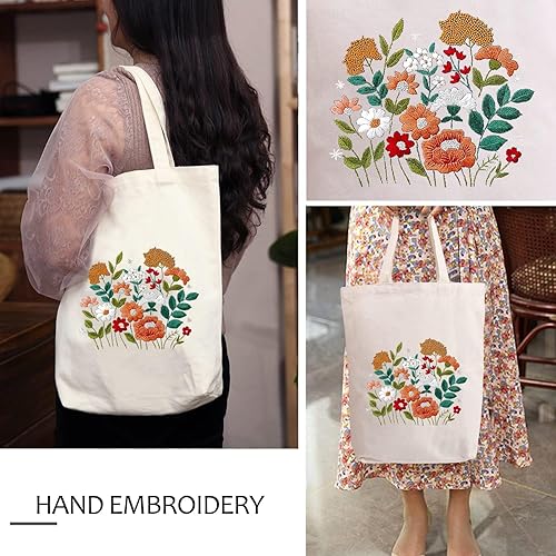 Miniatura 9 de MAMUNU Kit de bordado de bolsa de lona con patrón para principiantes kits de arte y manualidades para adultos incluye instrucciones para bordar aros