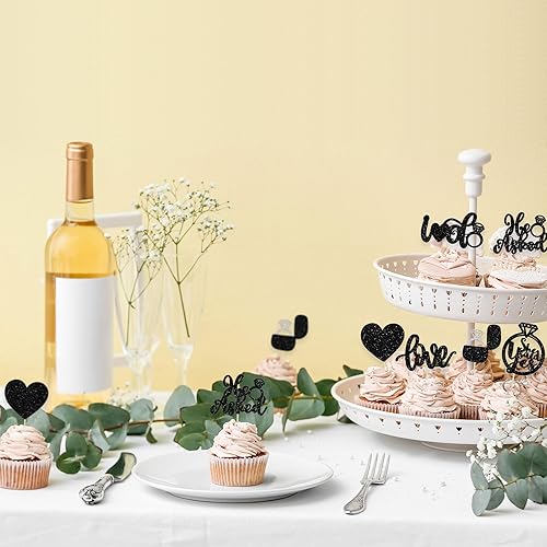 Miniatura 4 de 24 adornos para cupcakes con purpurina negra con texto en inglés He Asked She Said Yes, Love I Do, anillo de corazón, para despedida de soltera,