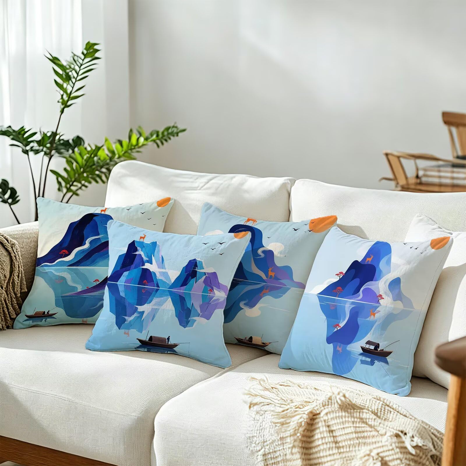 Blu Federe Cuscini Divano 50x50cm, Cuscini da Esterno Set de 4, Cod-93 | Velour Copricuscini Decorativi Letto Arredo, per Letto, Soggiorno, Giardino, Esterno, Casa Decorazione Set di 4 Paesaggio