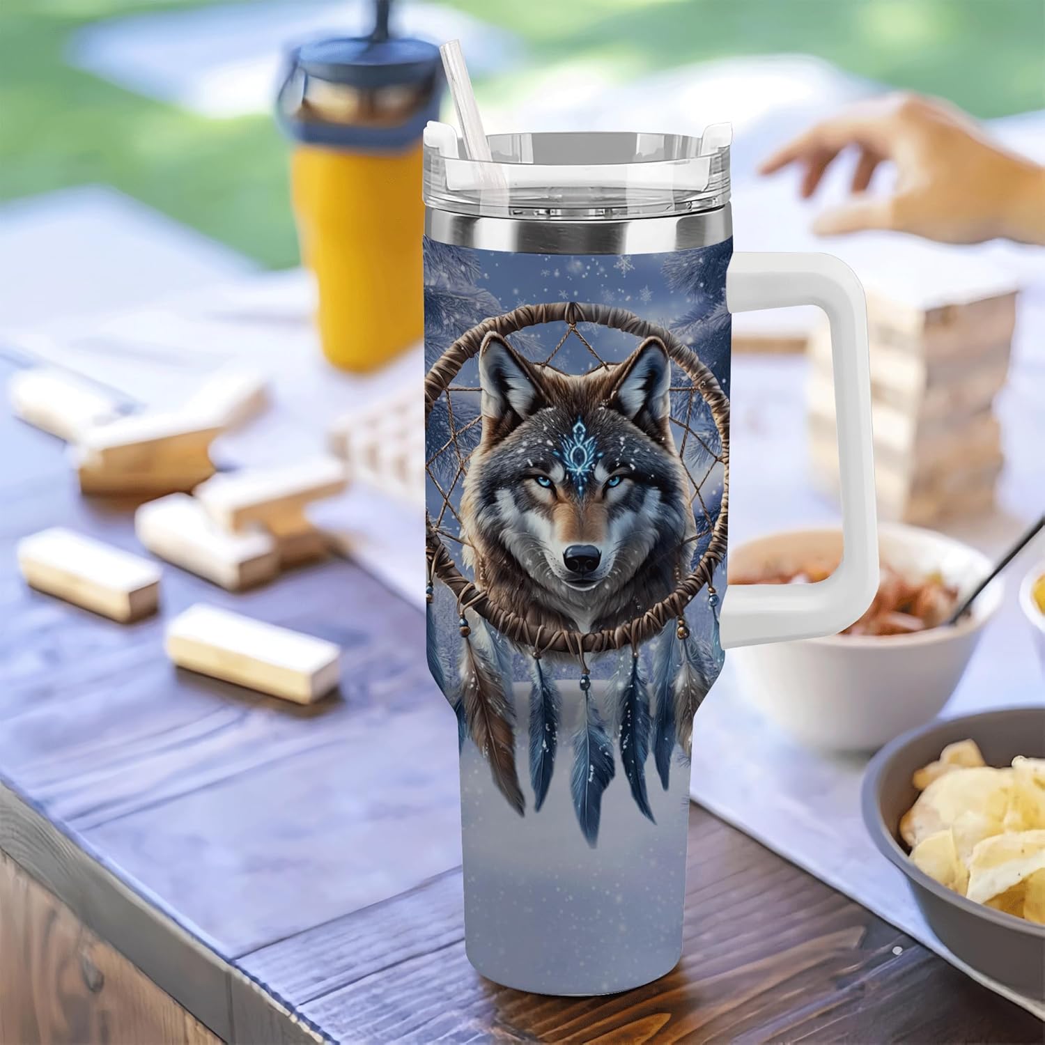 Personalized Wolf Native American 40oz Tumbler with Handle and Straw Gifts for Wolf Lovers, Father's Day Gifts For Men, Women, Birthday Gift, Custom Name Stainless Steel Travel Cup With Lid