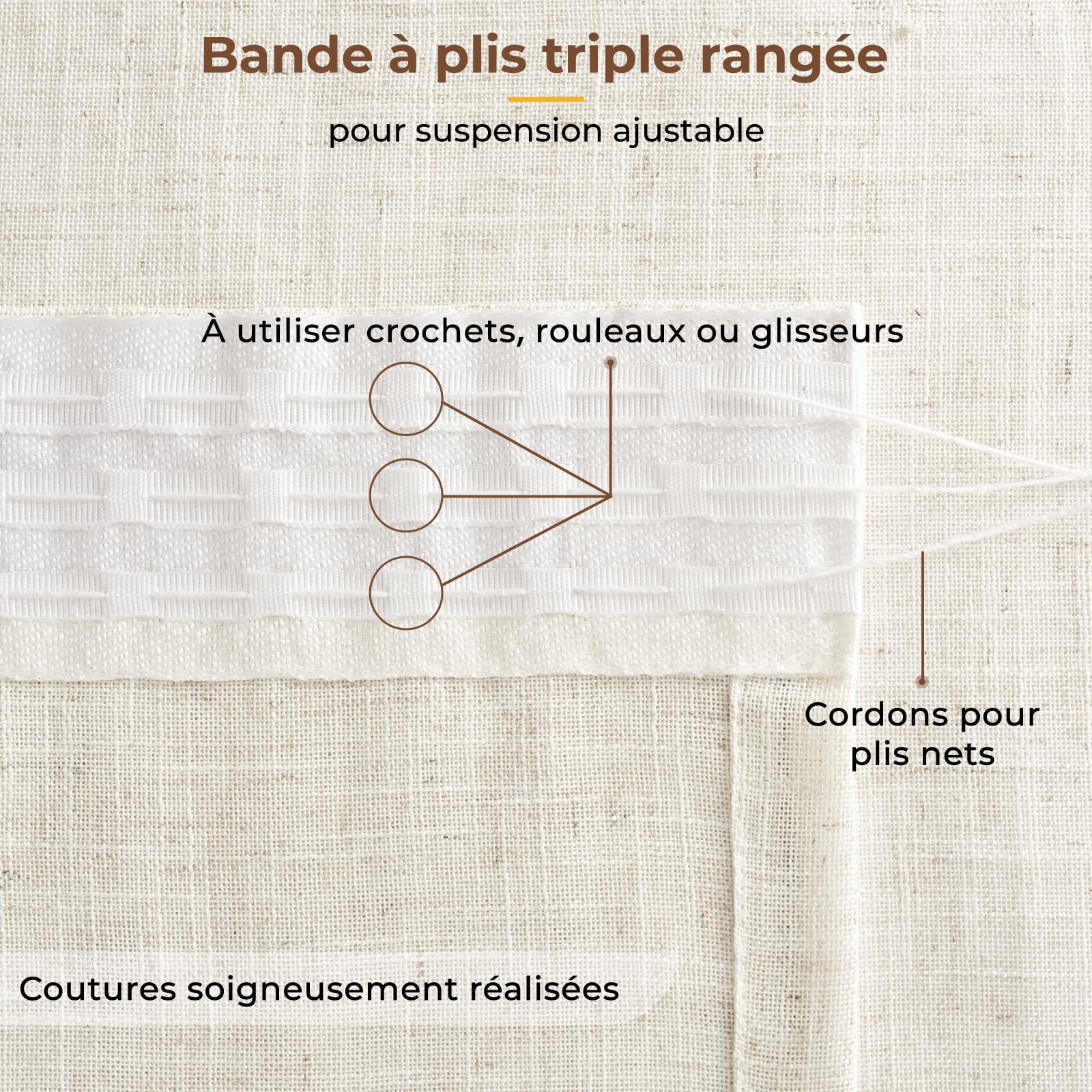 INOVADAY Rideaux Effet Lin Semi-Transparents 140x245 cm Lot de 2,Naturel | Rideau Galon Fronceur pour Salon Chambre, Lumière Douce, Intimité Préservée, Aspect lin naturel, Lavable, Suspension Flexible