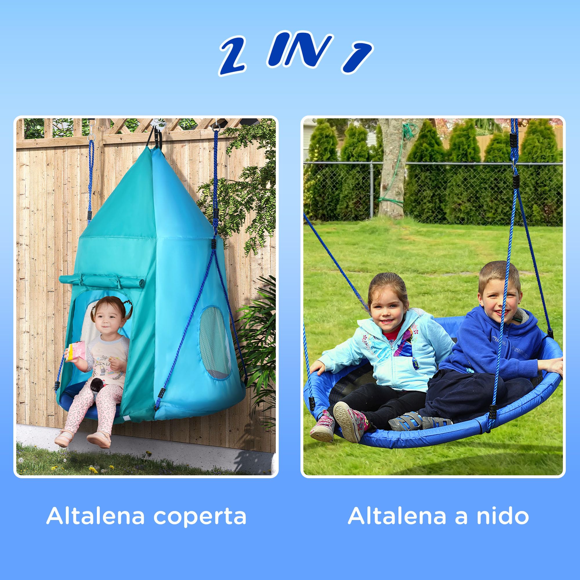 Outsunny Altalena da Giardino 2 in 1 per Bambini 3-8 Anni Ø100cm Blu | con Tenda, Altalena a Nido, Corde Regolabili