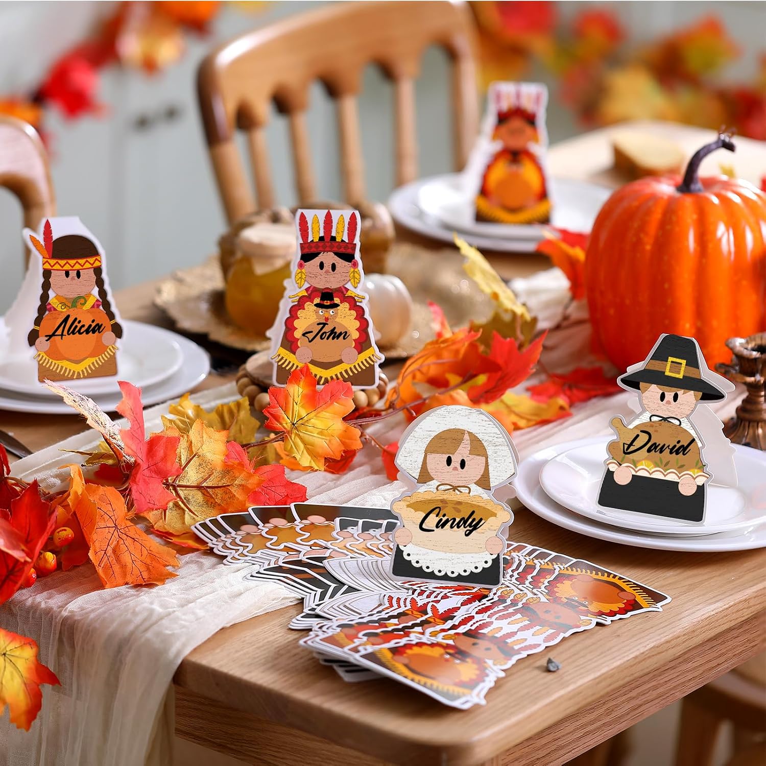 Yalikop 48 Pcs Thanksgiving Place Card Pilgrim Boy and Girl Name Cards for Table Pumpkin Turkey Thanksgiving Guest Folded Seat Card for Autumn Harvest Dining Table Party Favors Supplies