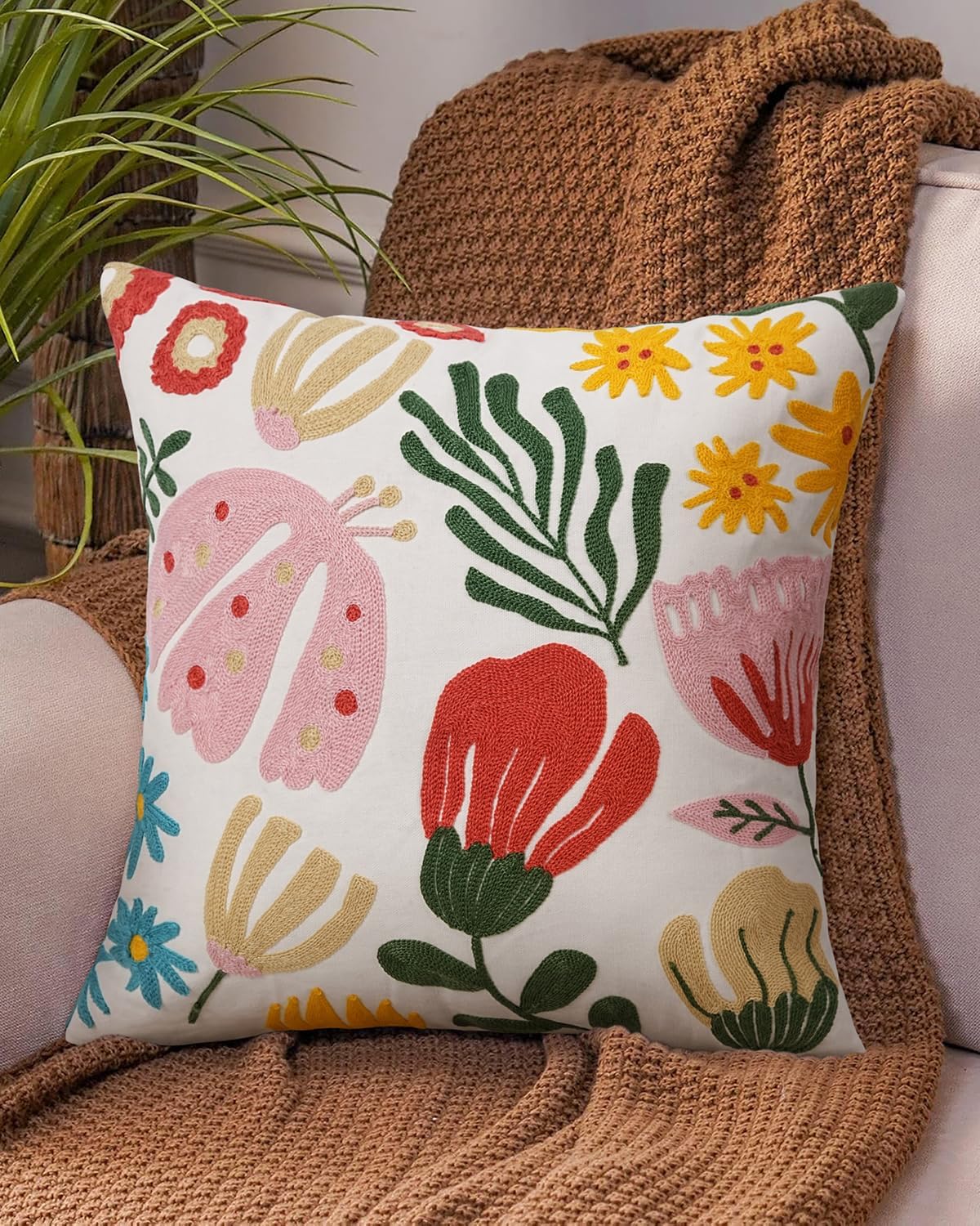 Embroidered Floral Boho Throw Pillow Cover 18x18 Inch - Decorative Cotton Pillow Case for Couch, Sofa, Bedroom, Living Room - Farmhouse Home Aesthetic Housewarming Gifts (Mixed Floral, 18" x 18")
