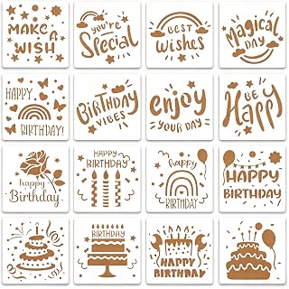 生日模板贴纸 16张一套 PET制 15×15厘米 生日文字 蛋糕 气球 蜡烛 图案模板 DIY涂料 纸可重复使用 手工卡片 墙壁装饰 礼品包装 手工