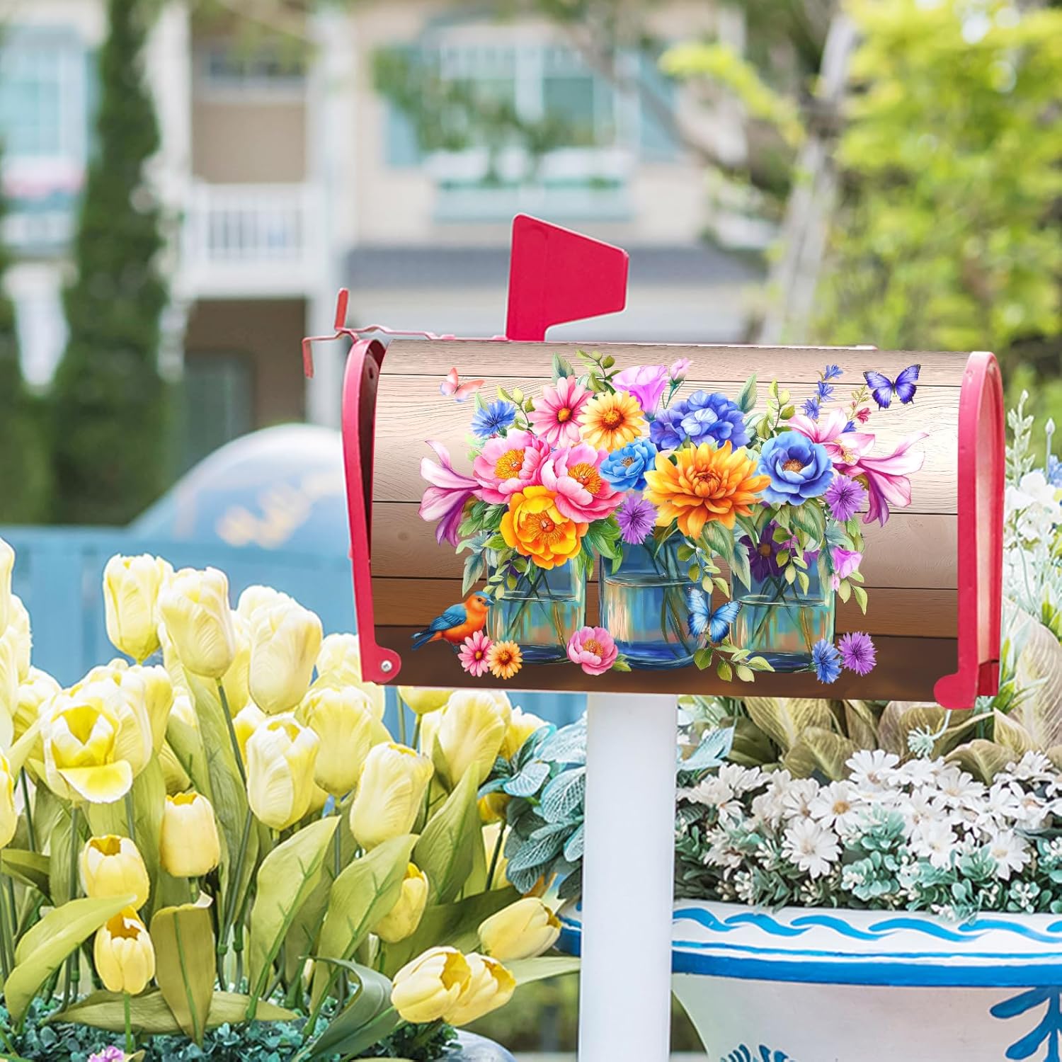 Spring Floral Magnetic Mailbox Covers Spring Summer Butterfly Flowers Mailbox Cover Magnetic Standard Size 21x18in Colorful Flowers Mailbox Wraps Post Letter Box Cover for Home Outdoor Outside