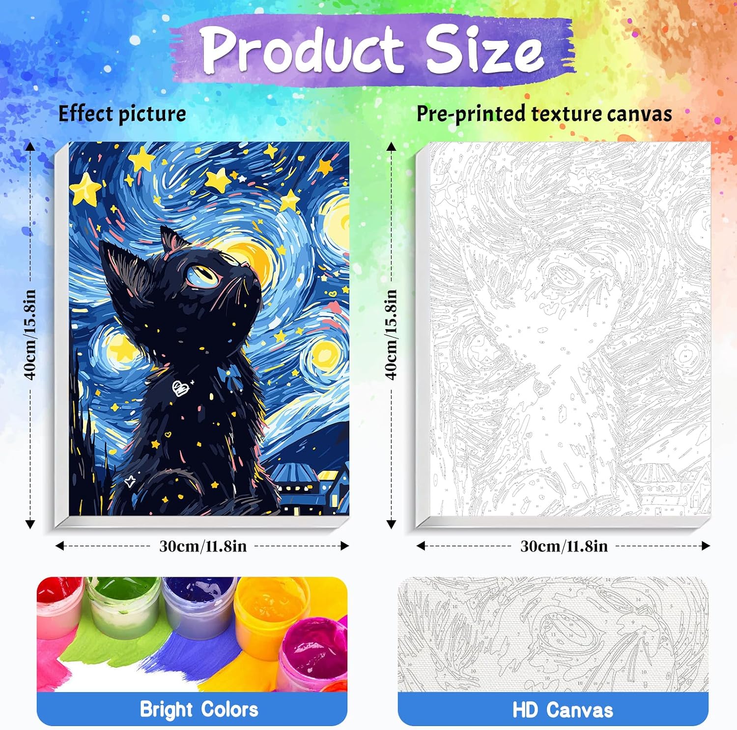 Yunnuo Paint by Numbers Kit for Adults with Frame,Black Cat Paint by Number Canvas for Beginner with Colorful Gift Box,Animal Number Painting for Home Wall Decor and Gift 12x16 inch(No Wrinkles)