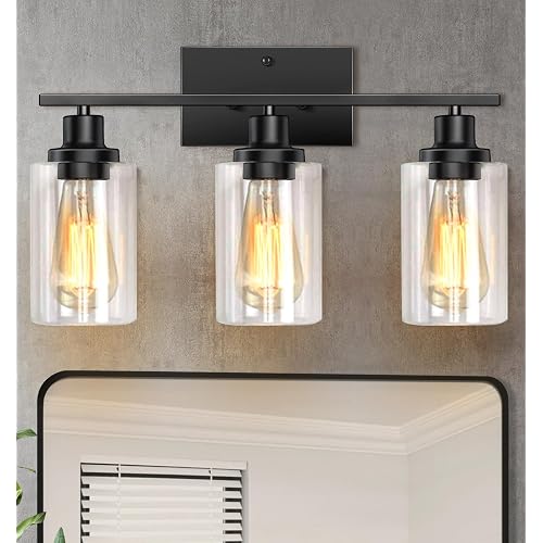 Bathroom Light Fixtures, 3-Light Vanity Lights, Black Bathroom Vanity Light with Clear Glass Shade, Modern Wall Lamp with Metal Frame, Wall lamps for Bedroom Washroom Living Room Hallway E26 Base